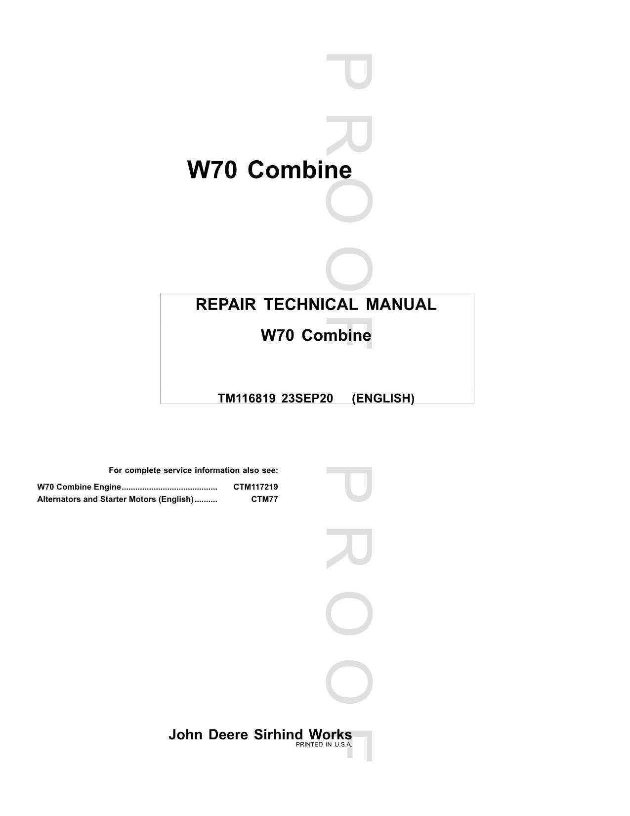 JOHN DEERE W70 COMBINE REPAIR SERVICE MANUAL