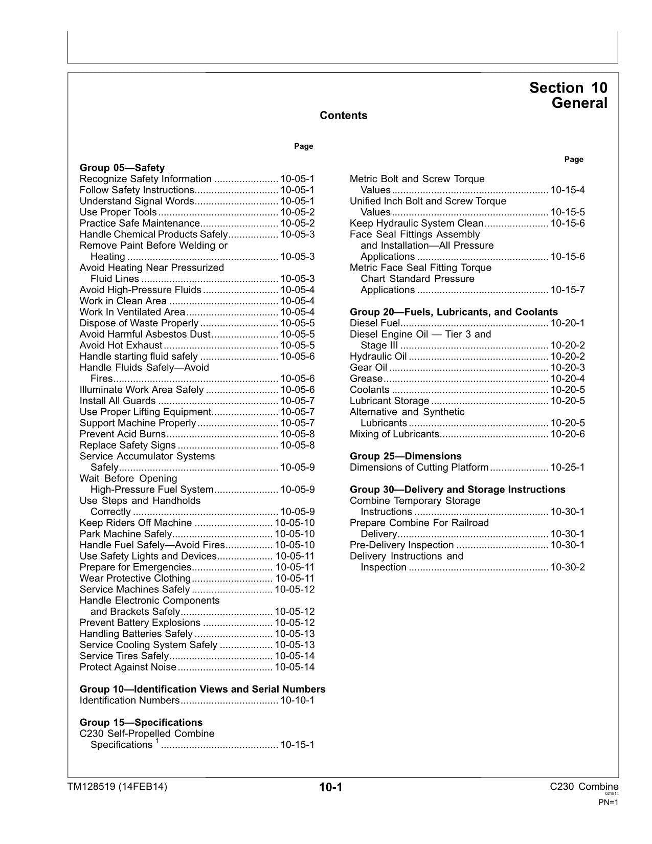 JOHN DEERE C230 COMBINE REPAIR SERVICE TECHNICAL MANUAL TM128519