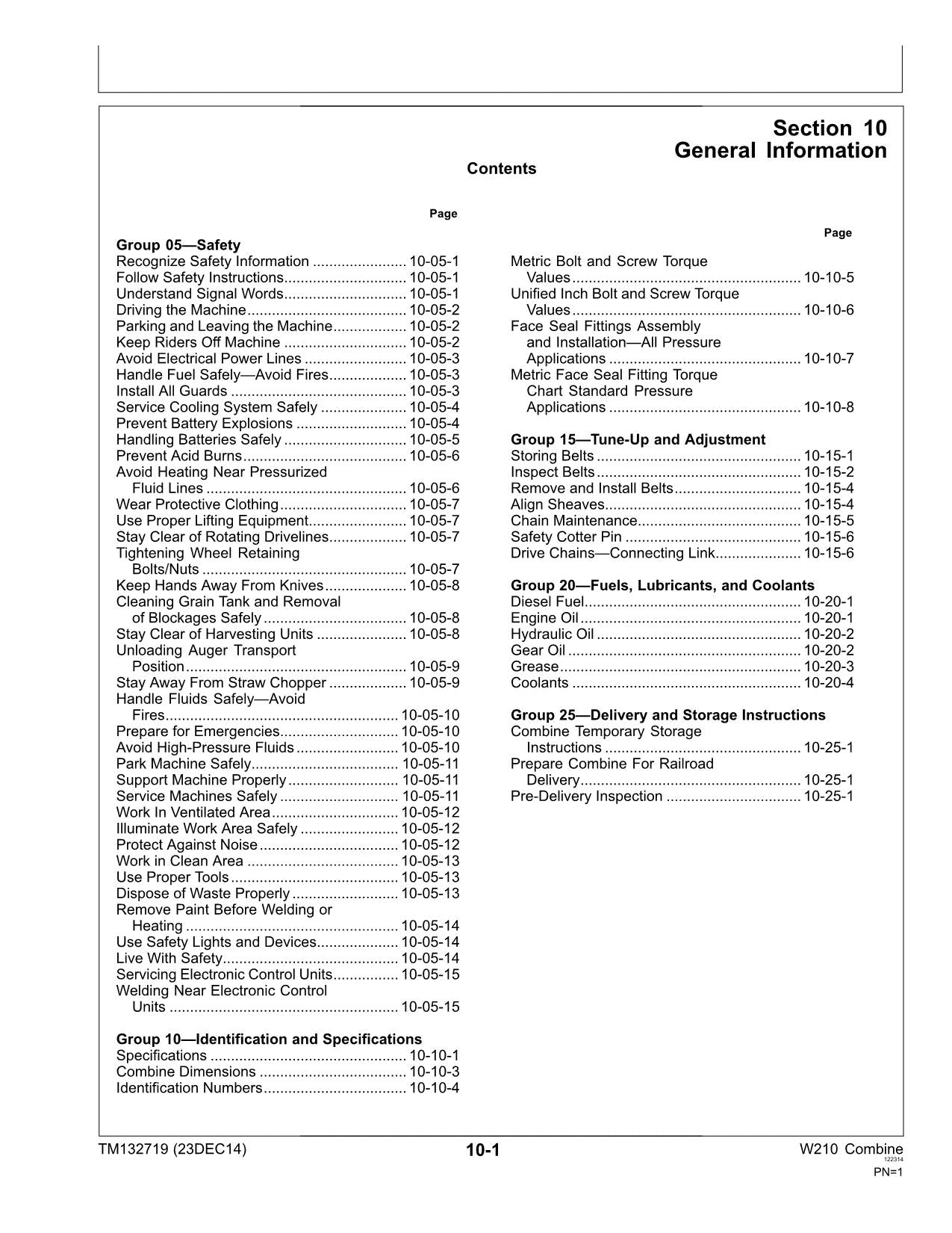 JOHN DEERE W210 COMBINE REPAIR SERVICE TECHNICAL MANUAL TM132719