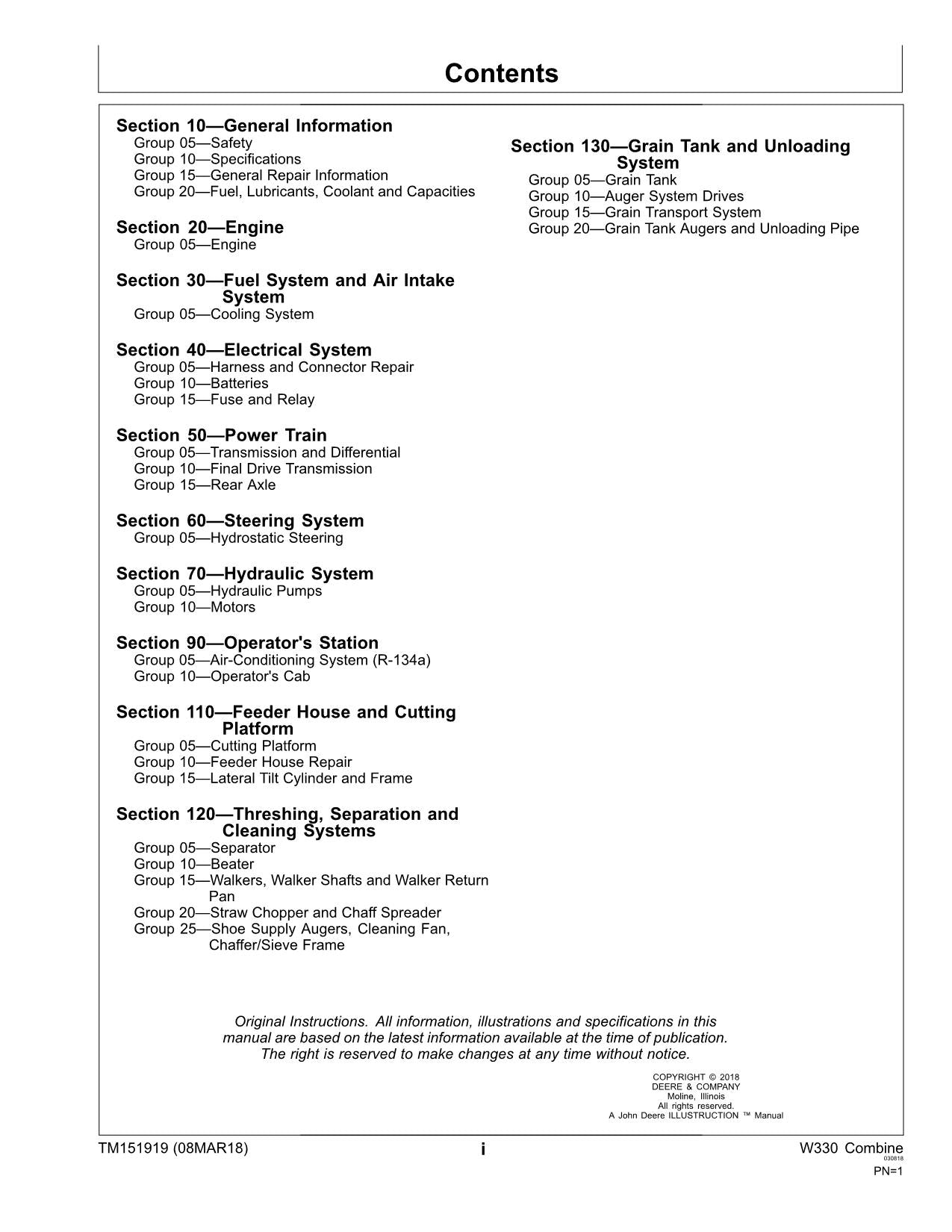 JOHN DEERE W330 MÄHDRESCHER REPARATUR-SERVICEHANDBUCH Nr. 2