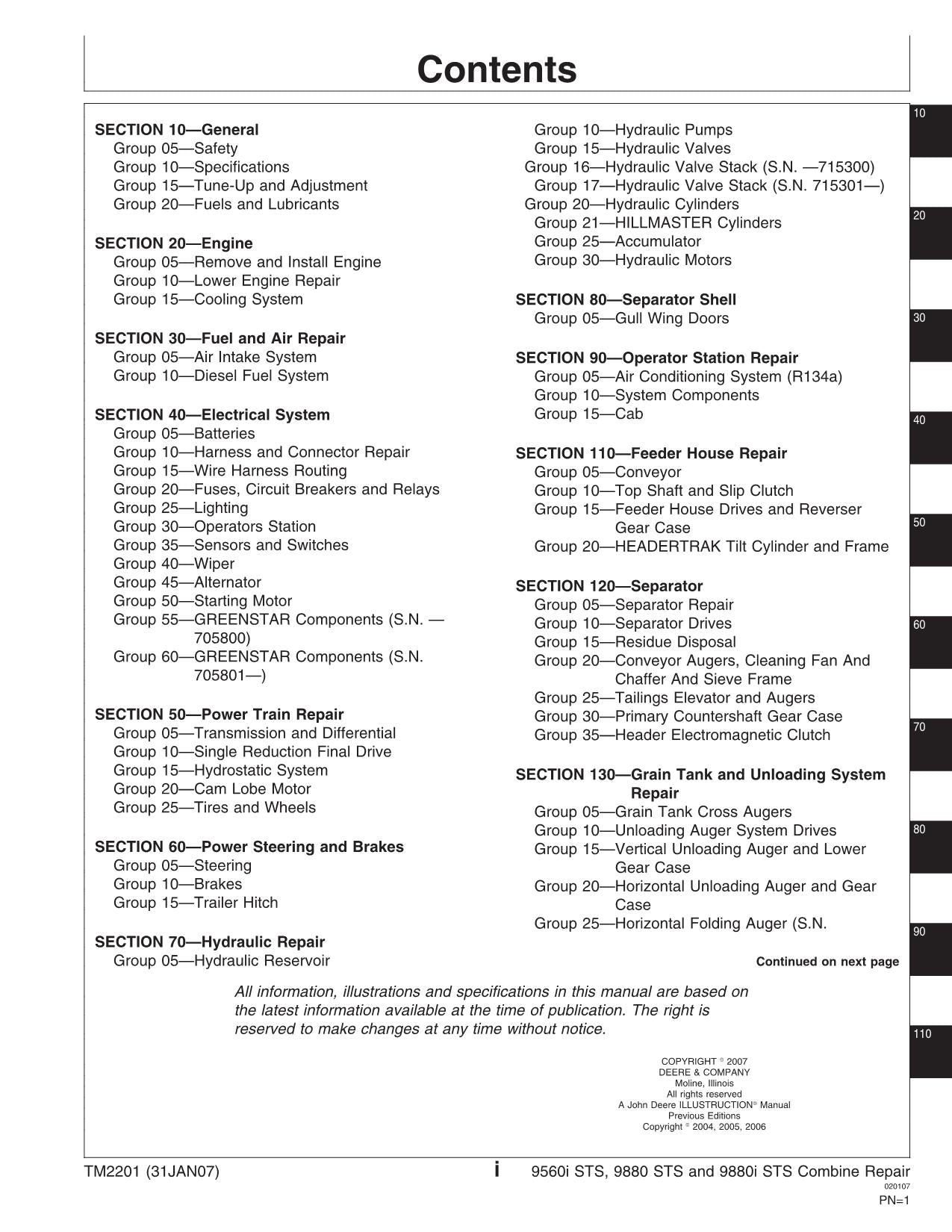 JOHN DEERE 9880 STS 9880i STS 9560i STS COMBINE REPAIR SERVICE MANUAL TM2201