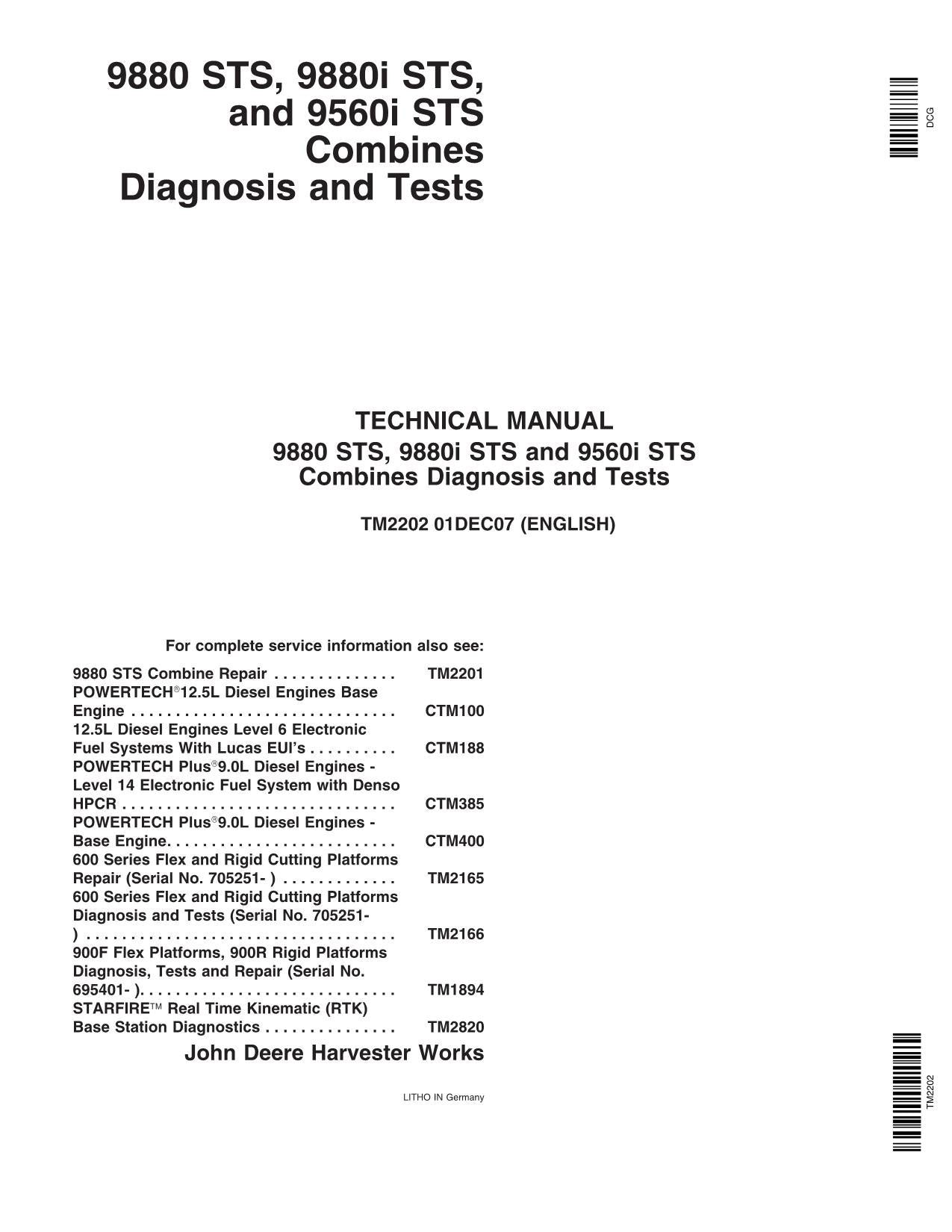 JOHN DEERE 9880 STS 9880i STS 9560i STS COMBINE REPAIR SERVICE MANUAL TM2202