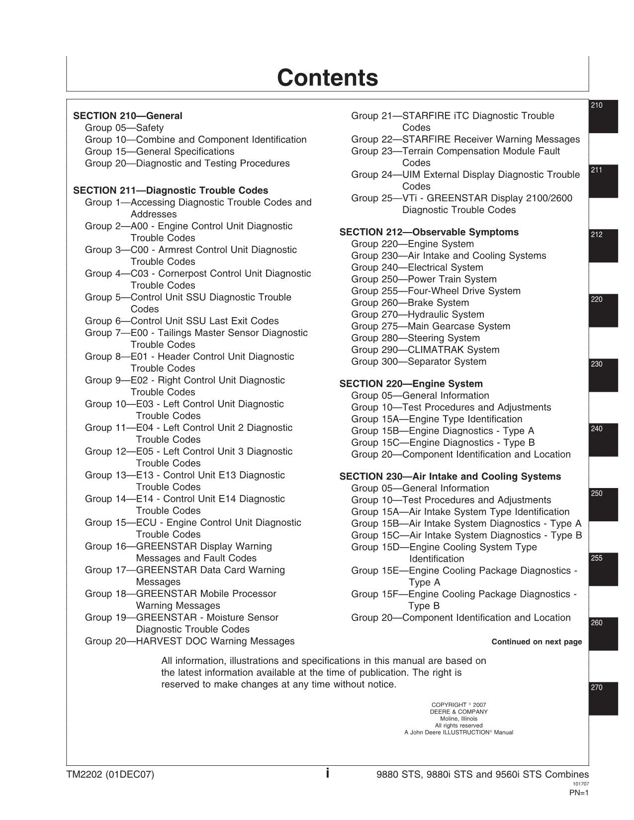 JOHN DEERE 9880 STS 9880i STS 9560i STS COMBINE REPAIR SERVICE MANUAL TM2202