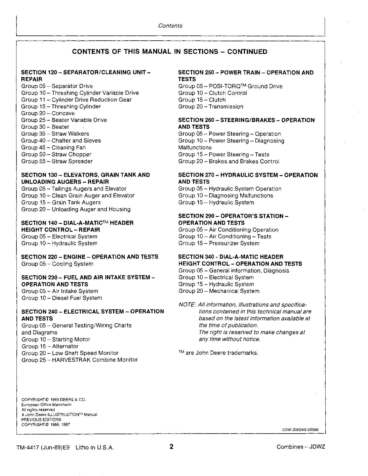 JOHN DEERE 4425 COMBINE REPAIR SERVICE TECHNICAL MANUAL TM4417