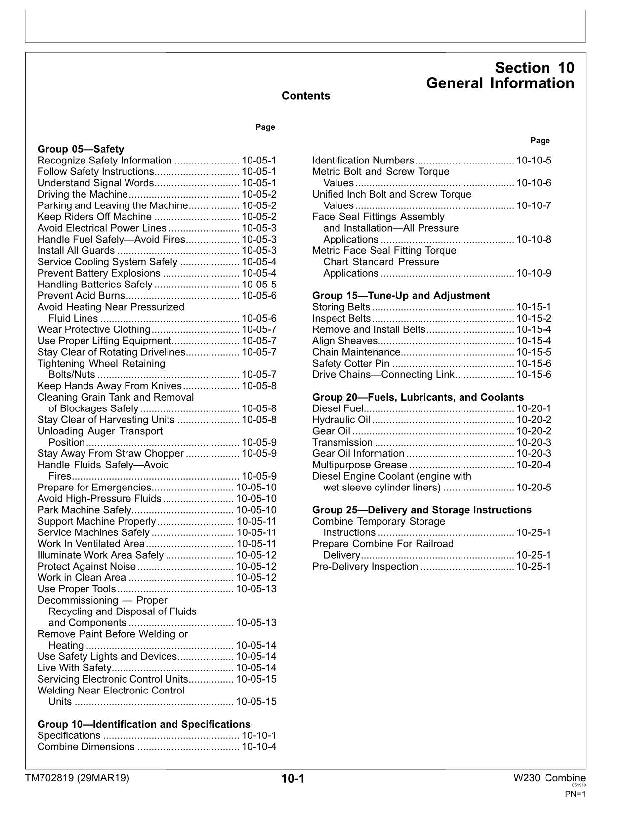 JOHN DEERE W230 4LZ-7 W230 4LZ-8 COMBINE REPAIR SERVICE MANUAL TM702819