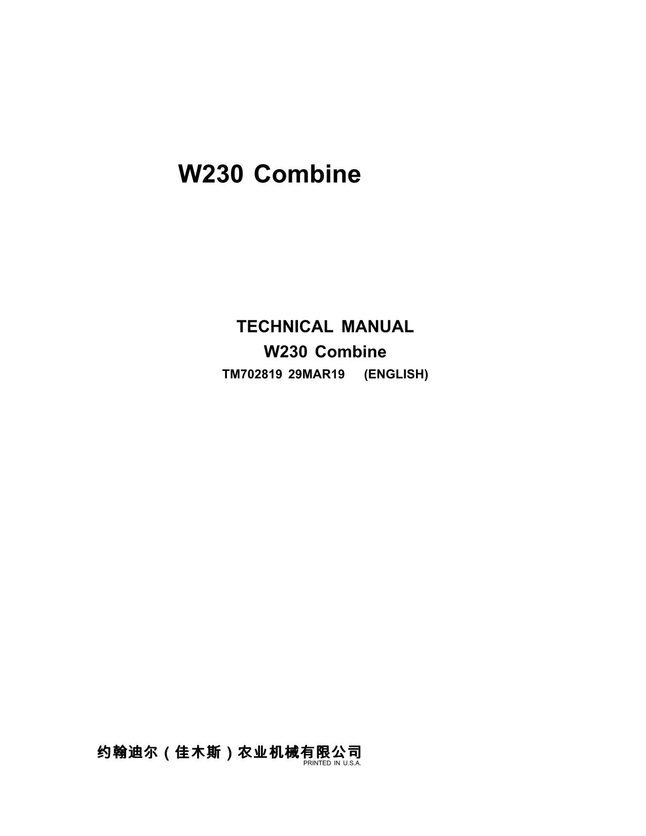 JOHN DEERE W230 4LZ-7 W230 4LZ-8 COMBINE REPAIR SERVICE MANUAL TM702819