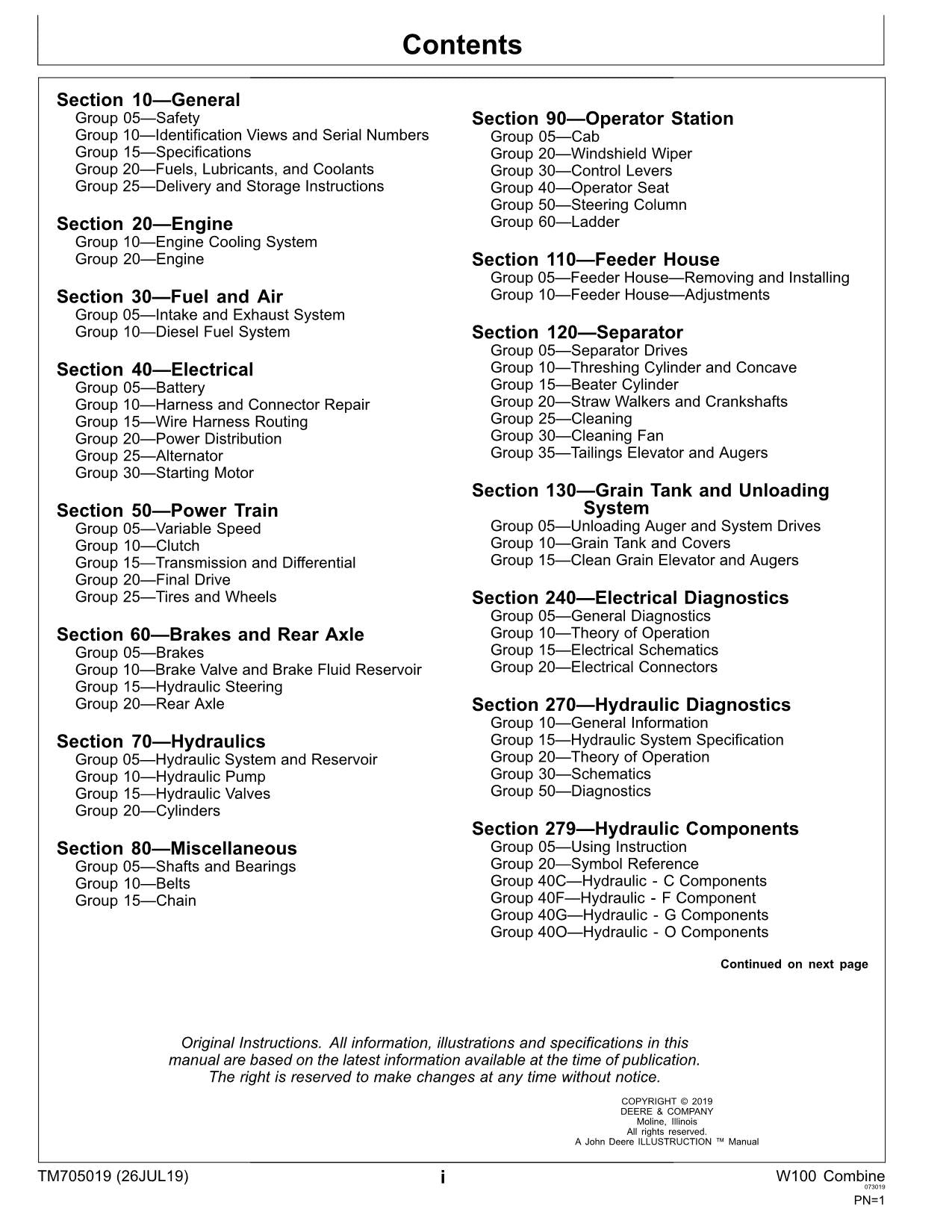 JOHN DEERE W100 COMBINE SERVICE MANUAL