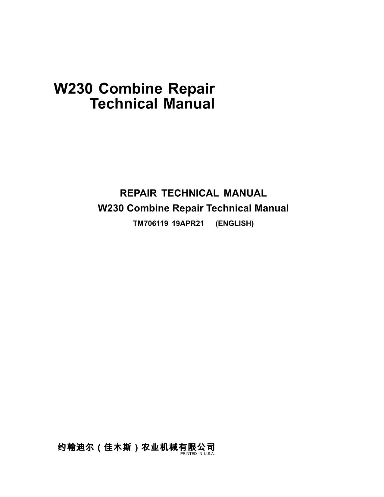 JOHN DEERE W230 COMBINE REPAIR SERVICE MANUAL #1