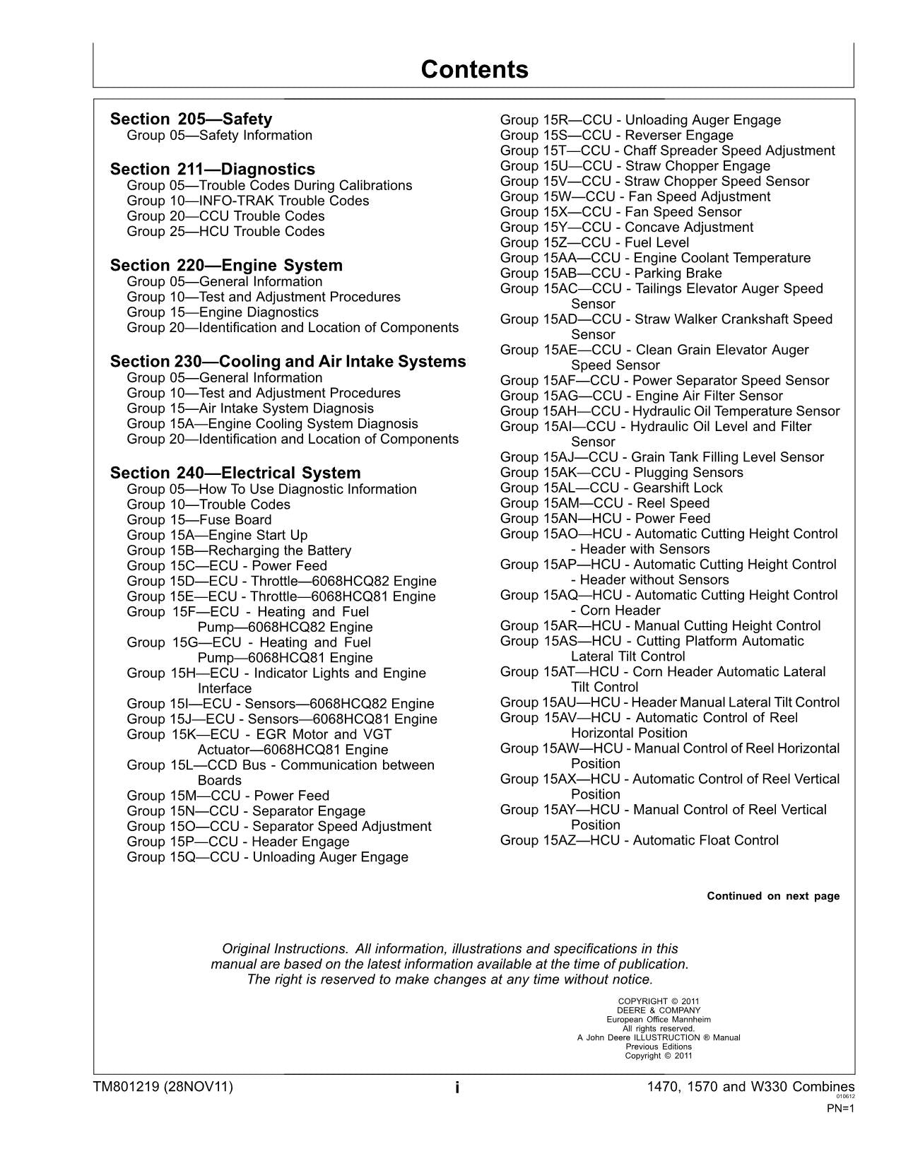 JOHN DEERE 1470 1570 W330 COMBINE SERVICE MANUAL #1