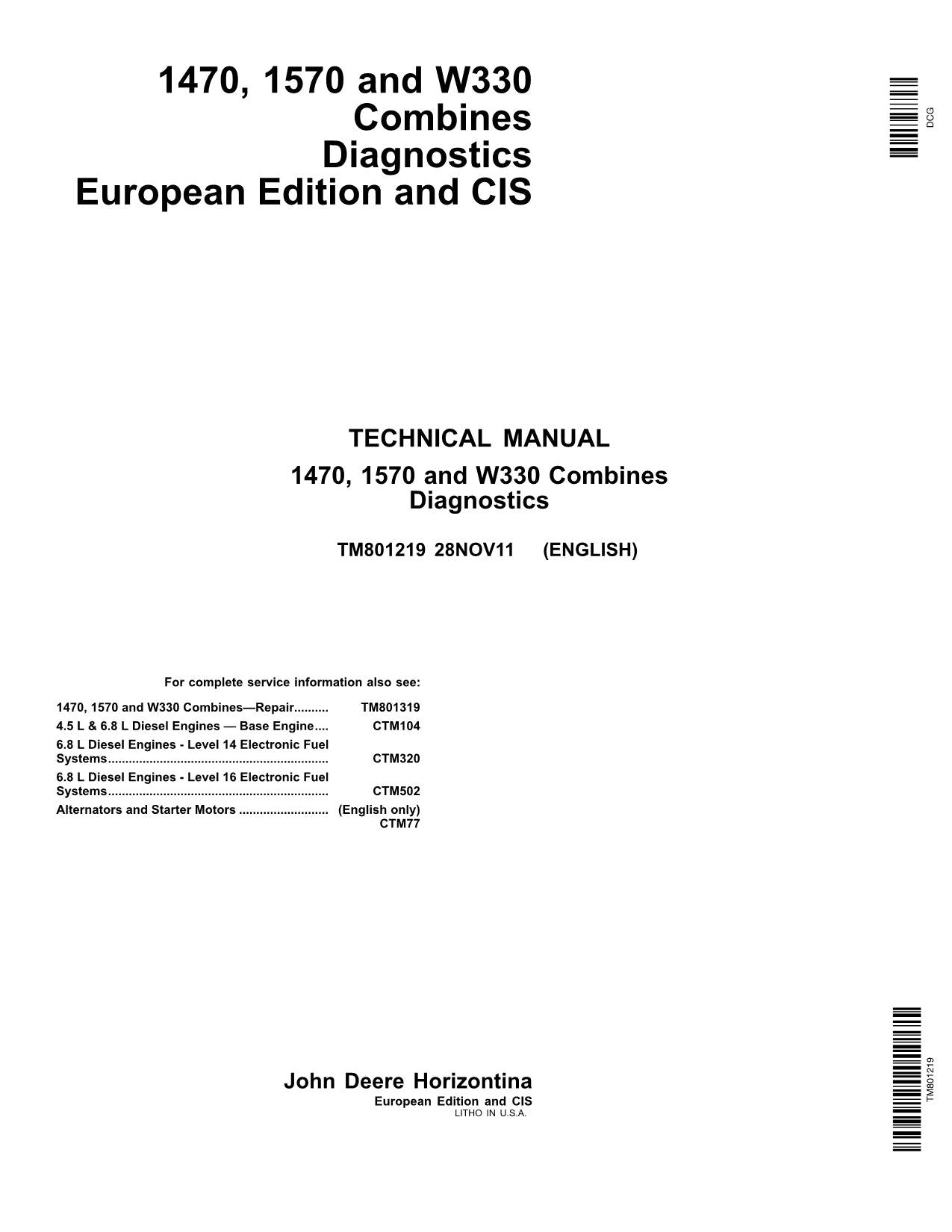 JOHN DEERE 1470 1570 W330 MÄHDRESCHER SERVICEHANDBUCH Nr. 1