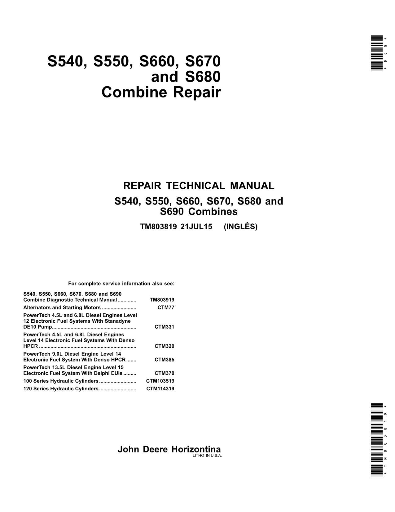 JOHN DEERE S540 S550 S660 S670 S680 S690 COMBINE REPAIR SERVICE MANUAL #1