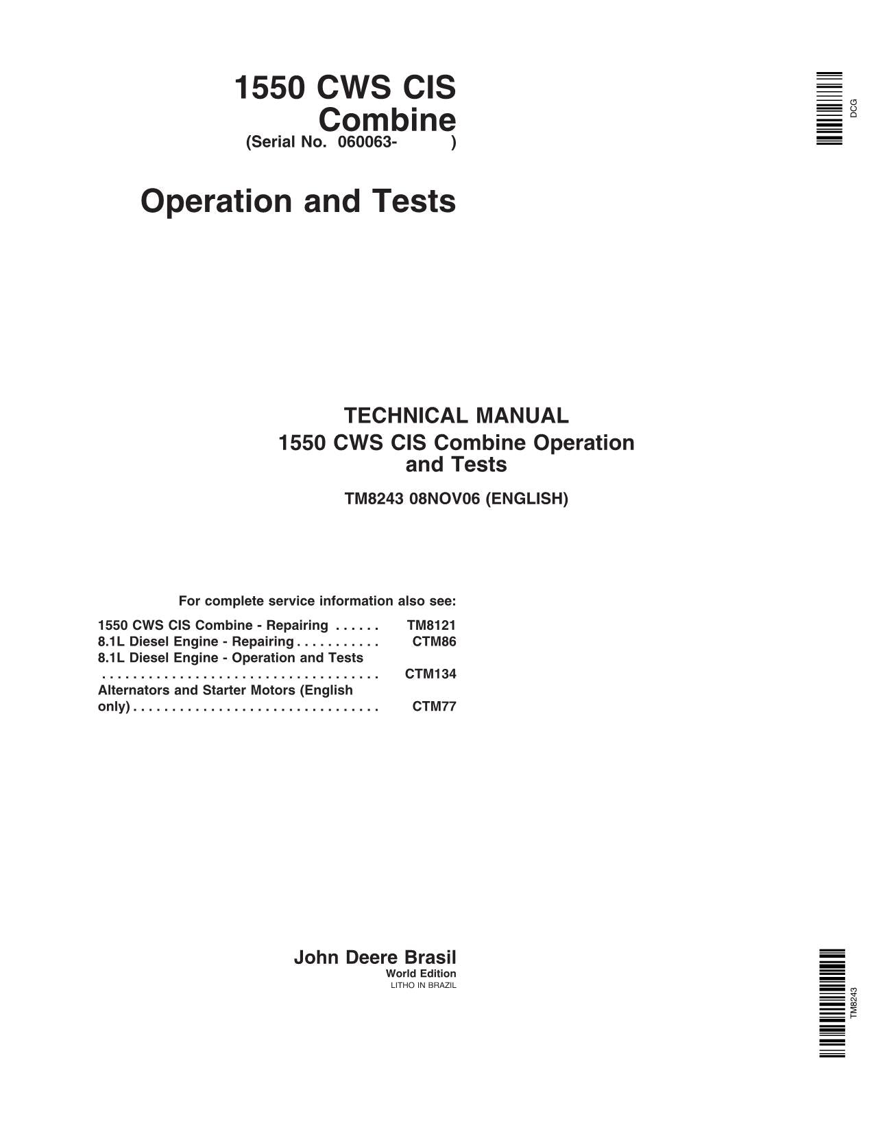 JOHN DEERE 1550 CWS,1450 CWS COMBINE SERVICE MANUAL