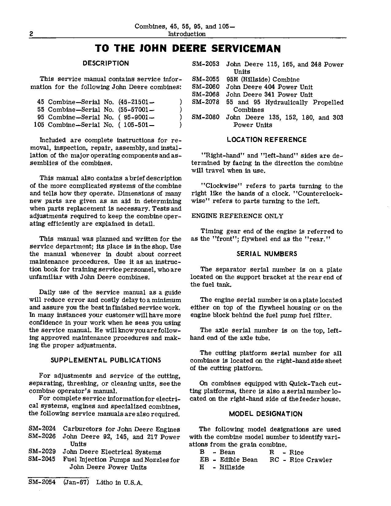 JOHN DEERE 105 45 55 95 COMBINE SERVICE MANUAL