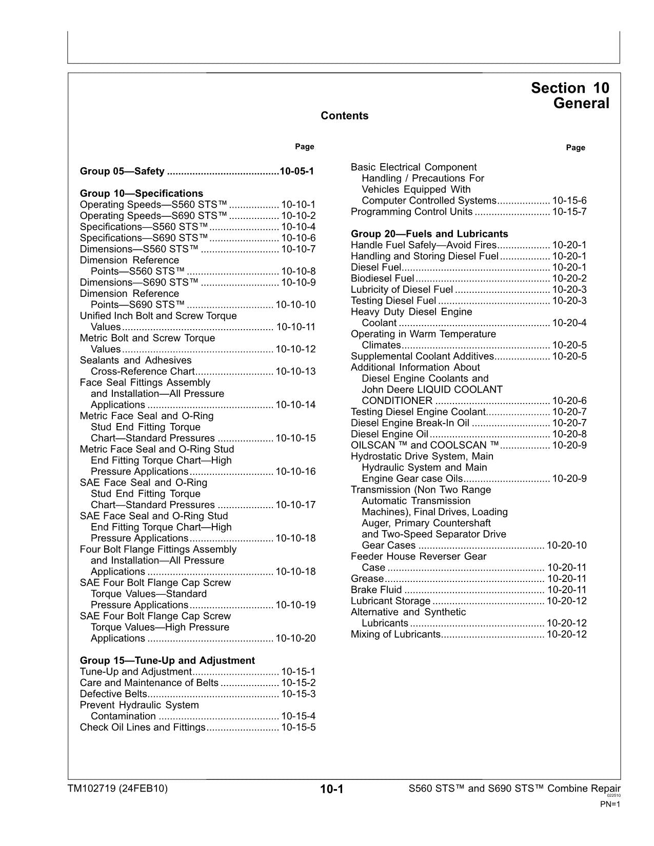 JOHN DEERE S560 STS S690 COMBINE SERVICE MANUAL