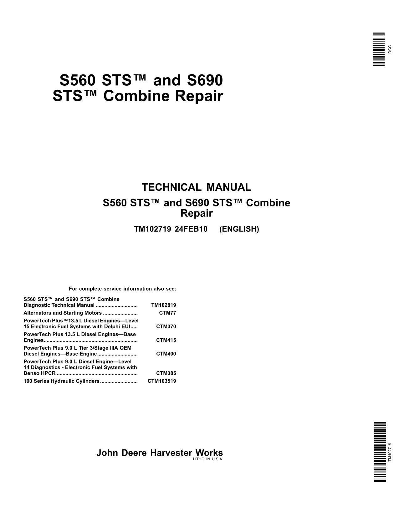 JOHN DEERE S560 STS S690 COMBINE SERVICE MANUAL