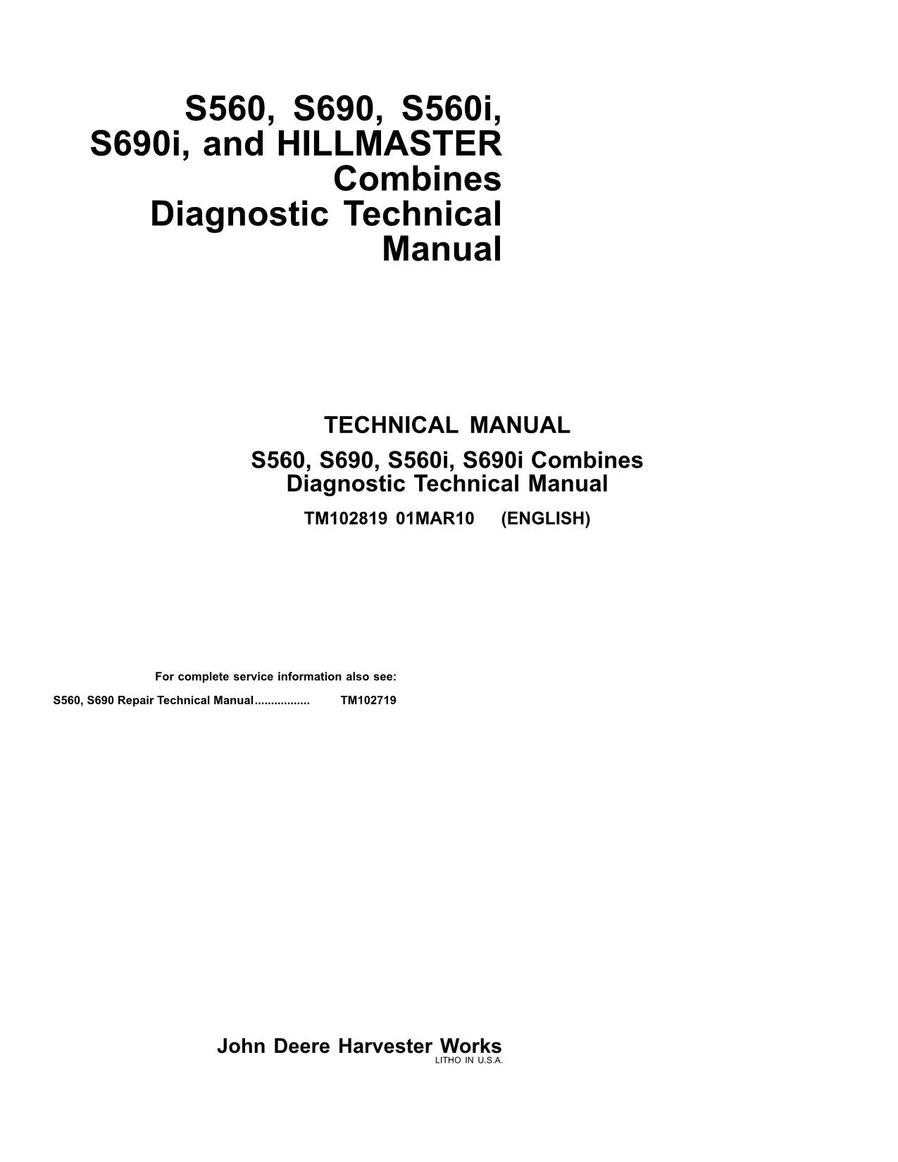 JOHN DEERE S690 S560 STS S560 COMBINE SERVICE MANUAL