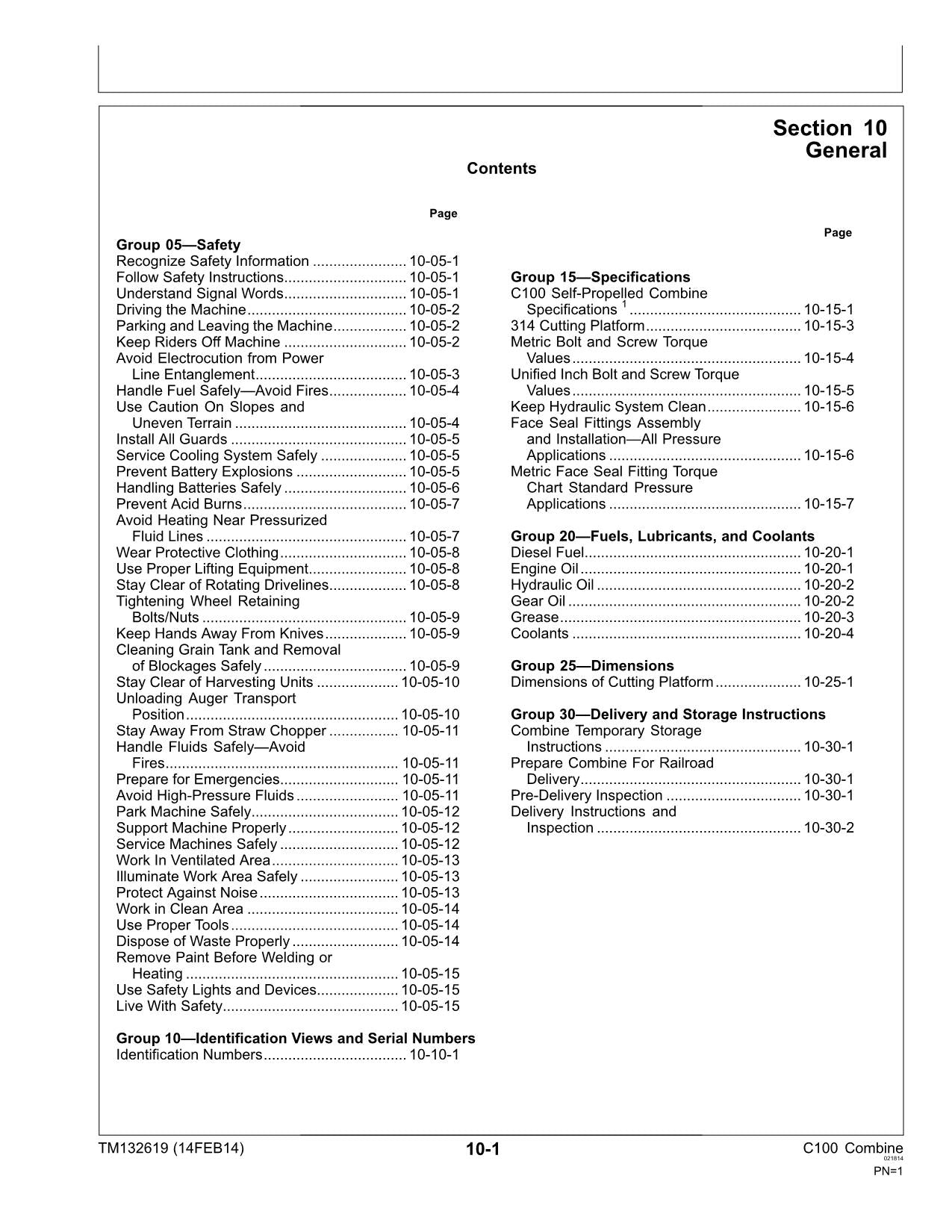 JOHN DEERE C100 COMBINE SERVICE MANUAL