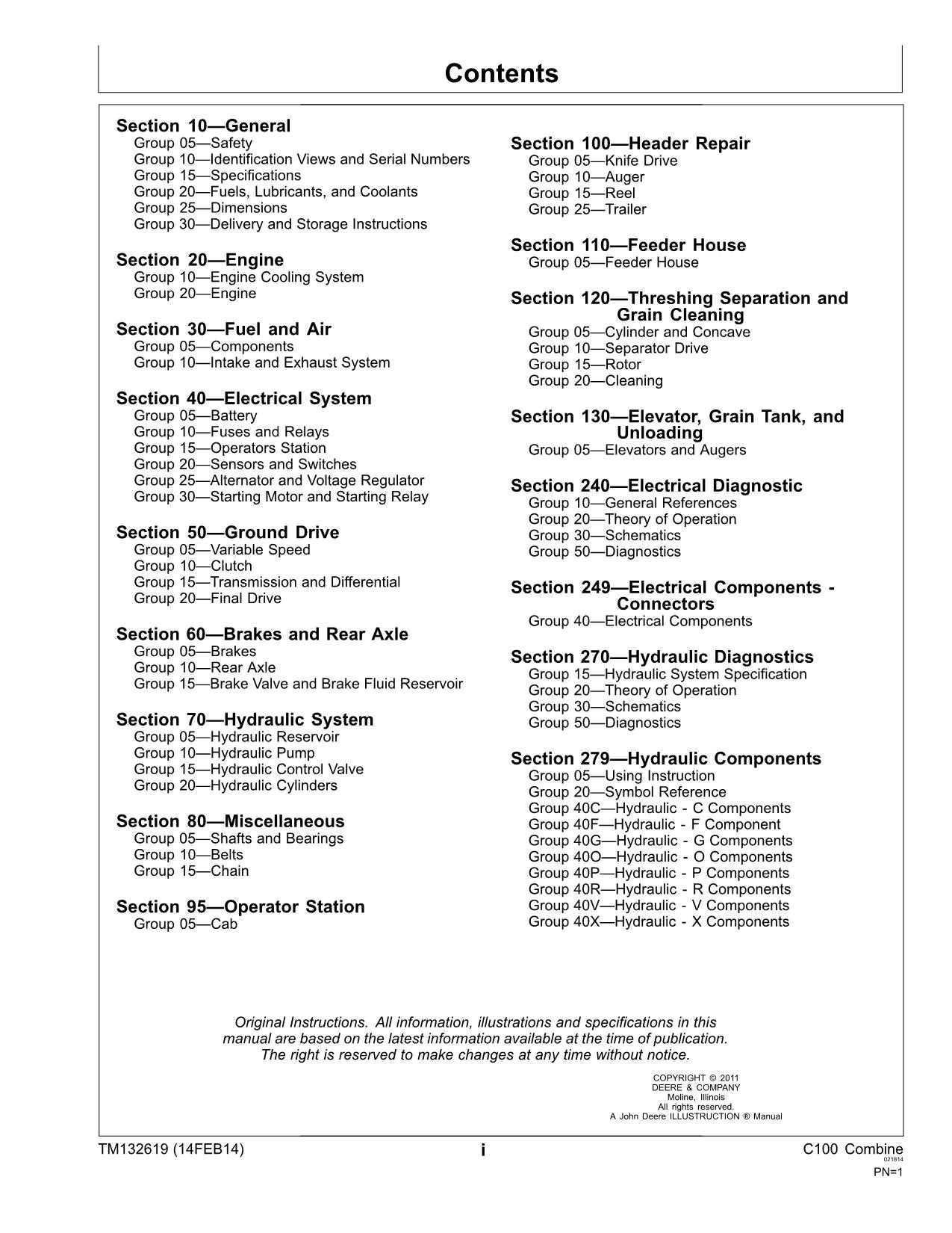 JOHN DEERE C100 COMBINE SERVICE MANUAL