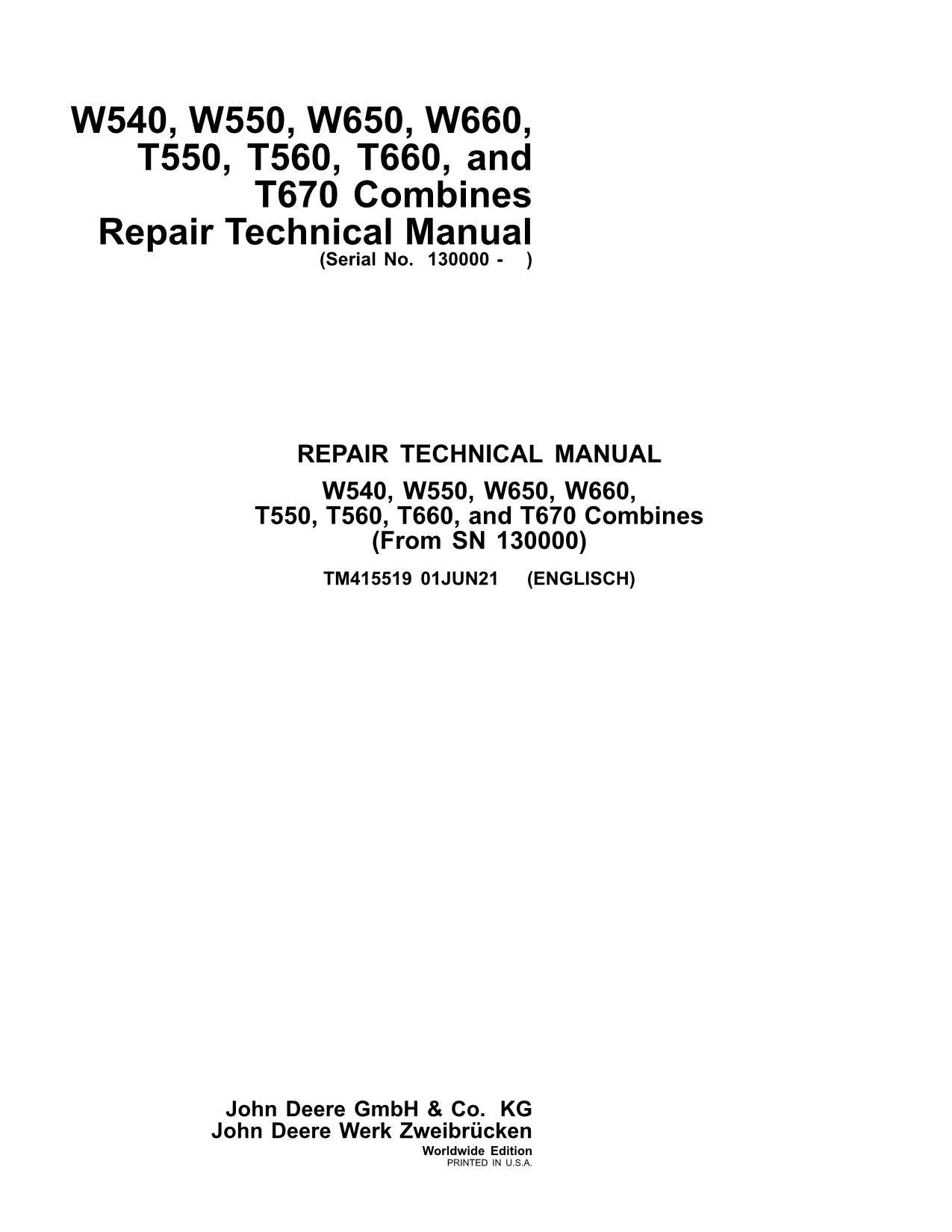 JOHN DEERE W540 W550 W650 W660 T550 T560 T660 COMBINE REPAIR SERVICE MANUAL #5