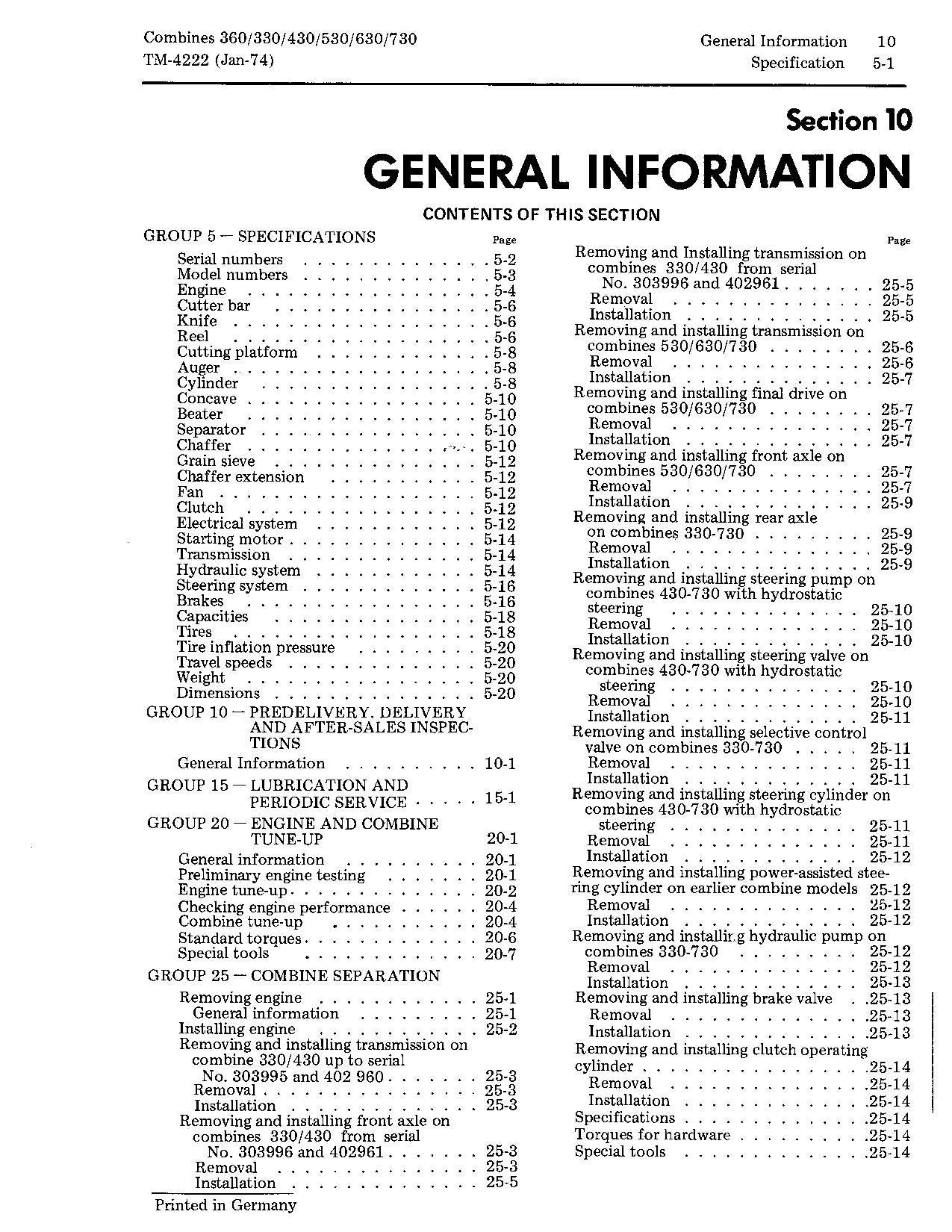 JOHN DEERE 330 360 430 530 630 730 COMBINE SERVICE MANUAL