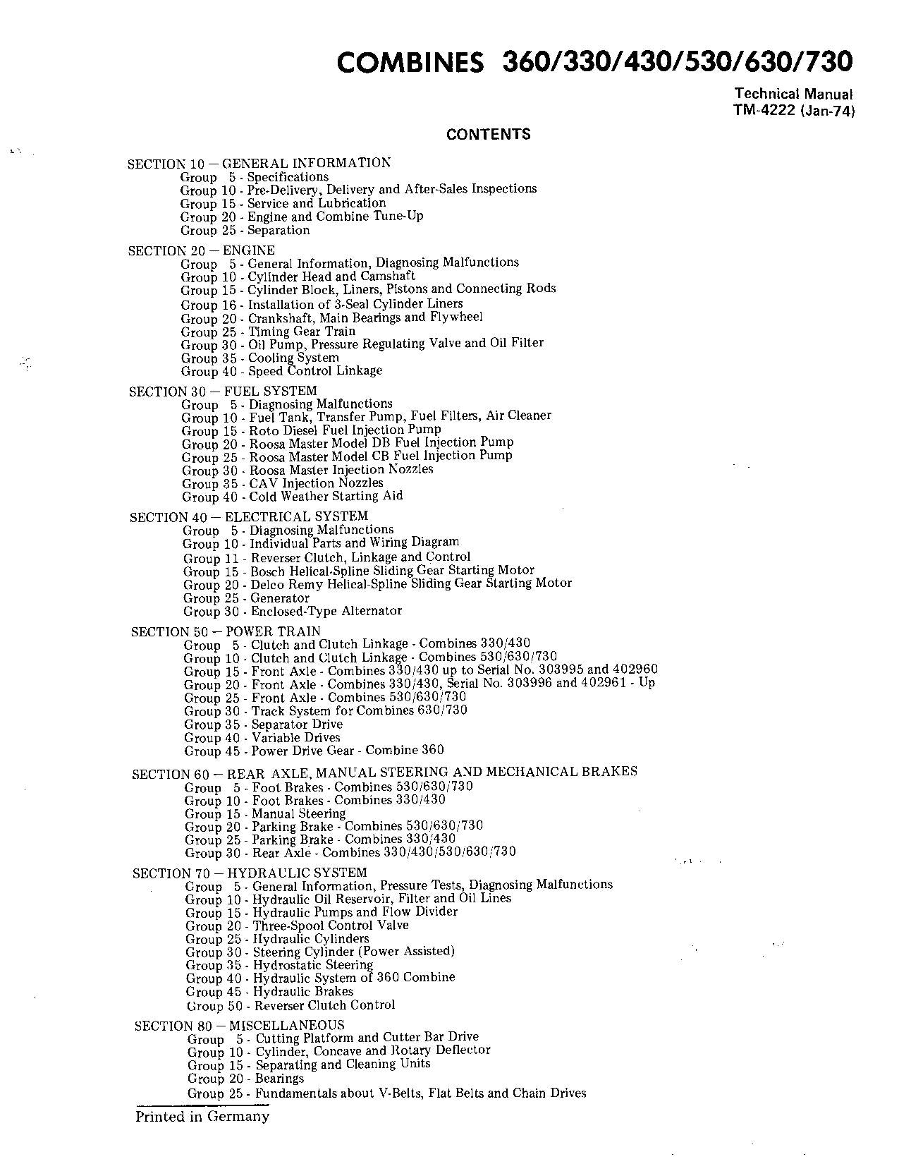 JOHN DEERE 330 360 430 530 630 730 COMBINE SERVICE MANUAL