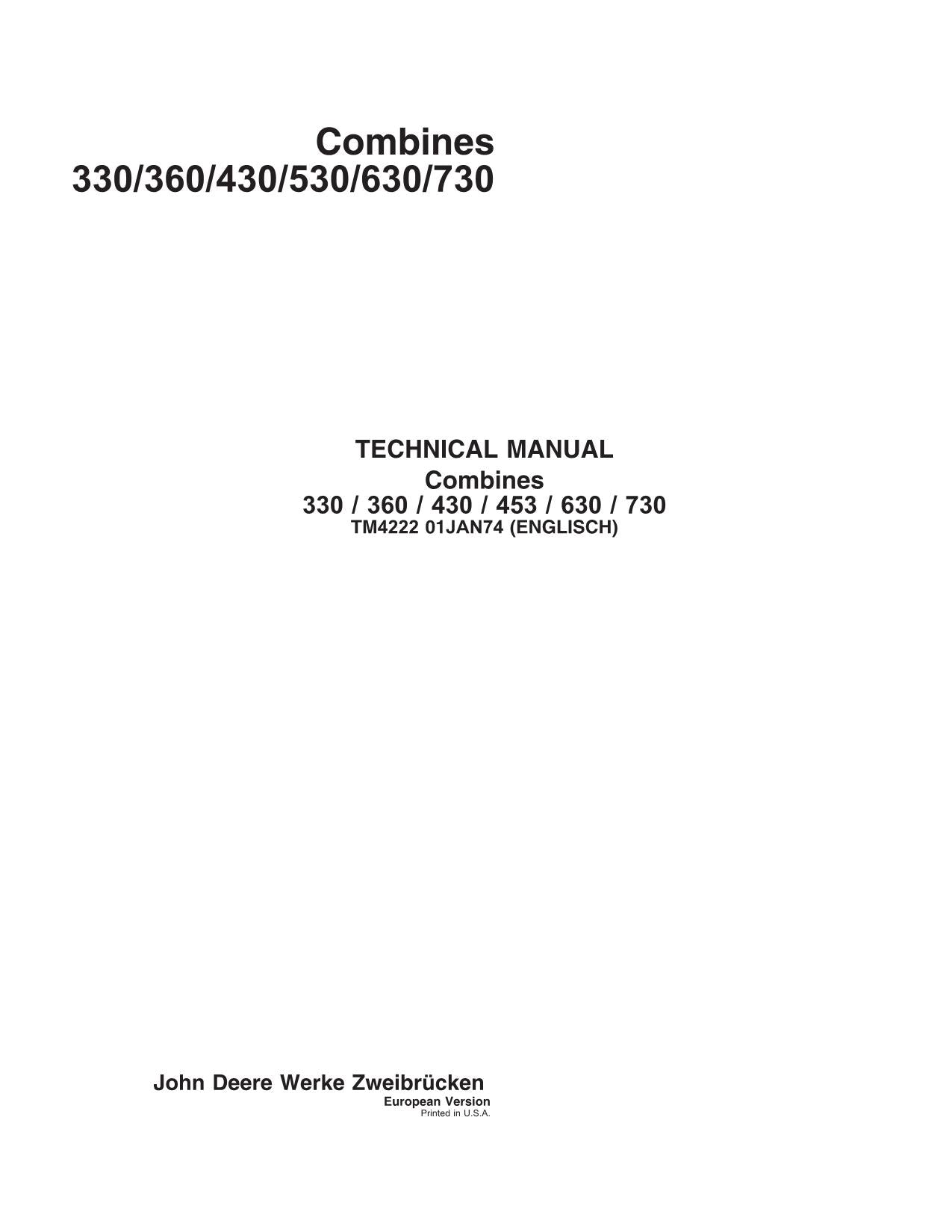 JOHN DEERE 330 360 430 530 630 730 COMBINE SERVICE MANUAL