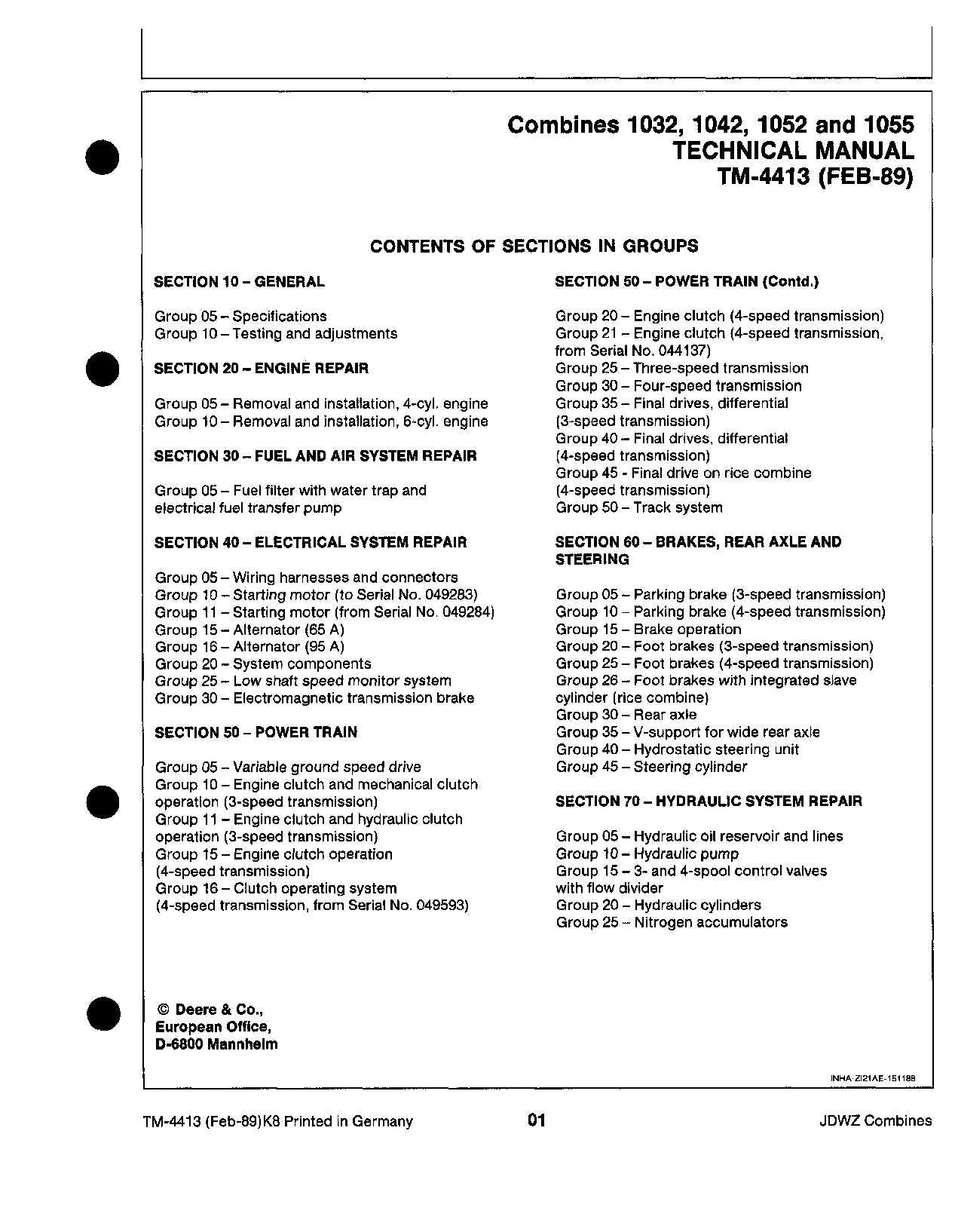 MANUEL D'ENTRETIEN DE LA MOISSONNEUSE-BATTEUSE JOHN DEERE 1032 1042 1052