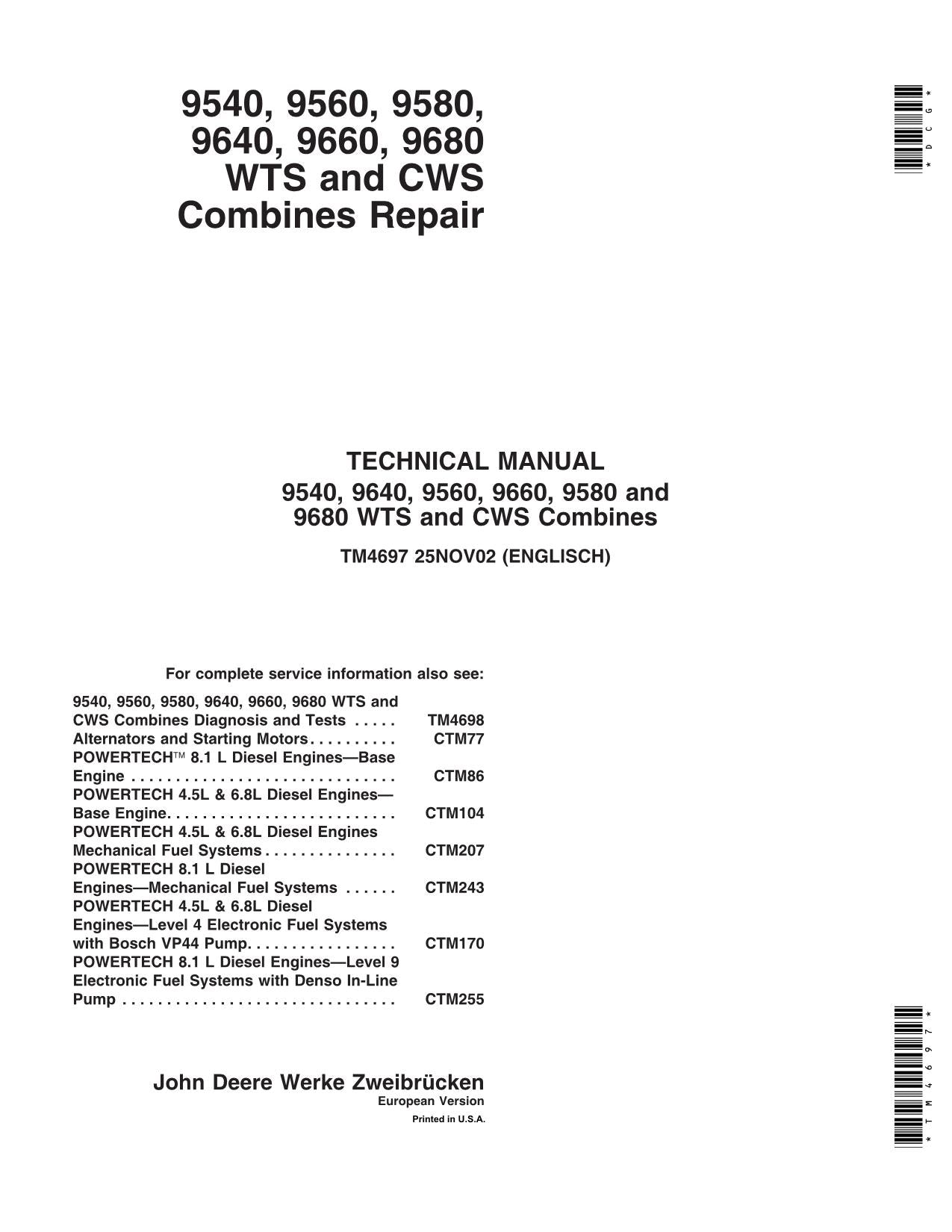 JOHN DEERE 9540 9560 9580 9640 9660 9680 COMBINE REPAIR SERVICE MANUAL #1