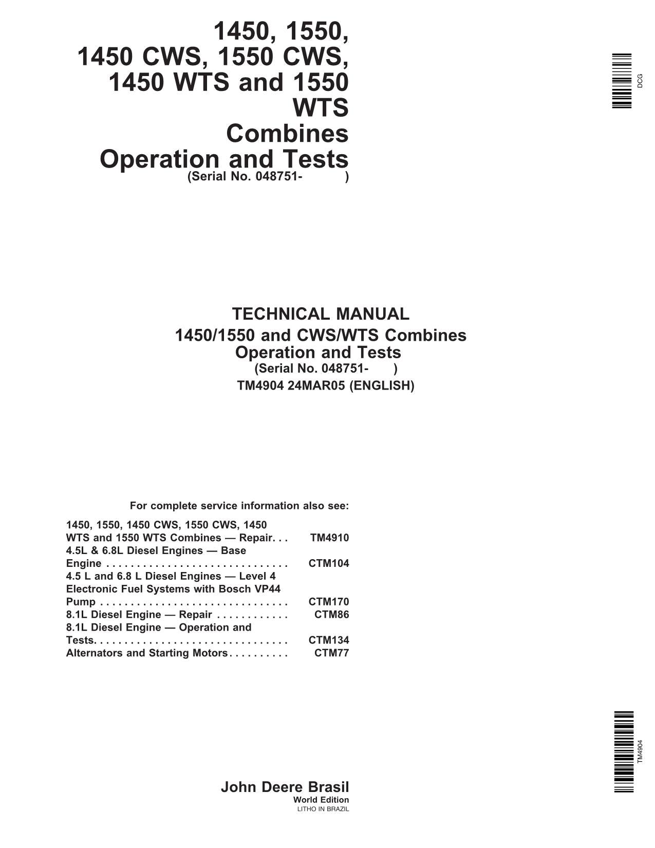 JOHN DEERE 1450 CWS 1550 CWS 1450 WTS 1550 WTS1550 COMBINE REPAIR SERVICE MANUAL