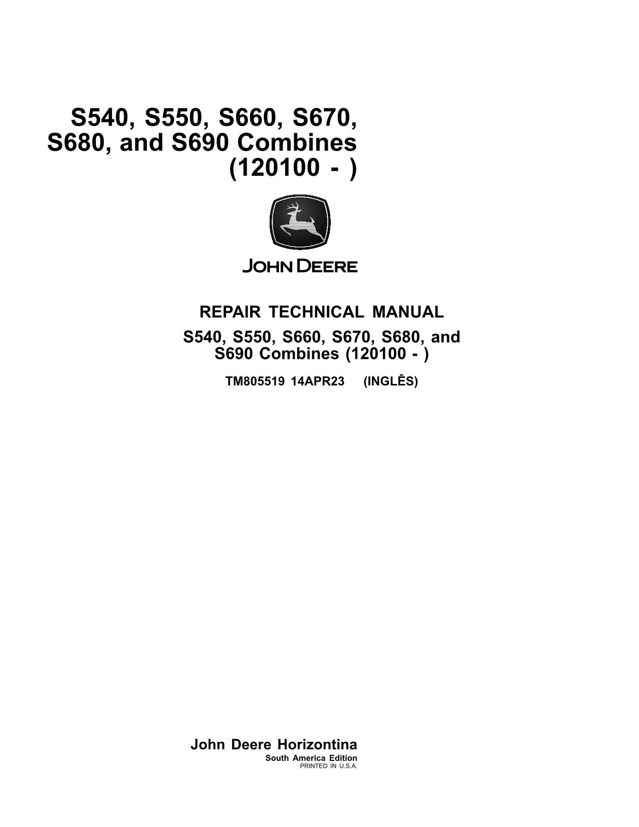 JOHN DEERE S540 S550 S660 S670 S680 S690 COMBINE REPAIR MANUAL SouthAmerica