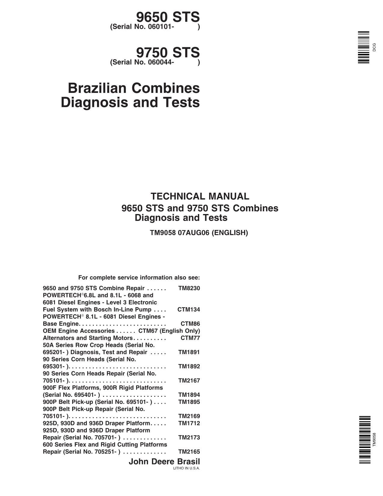 JOHN DEERE 9650 STS 9750 STS COMBINE DIAGNOSTIC TEST MANUAL #7