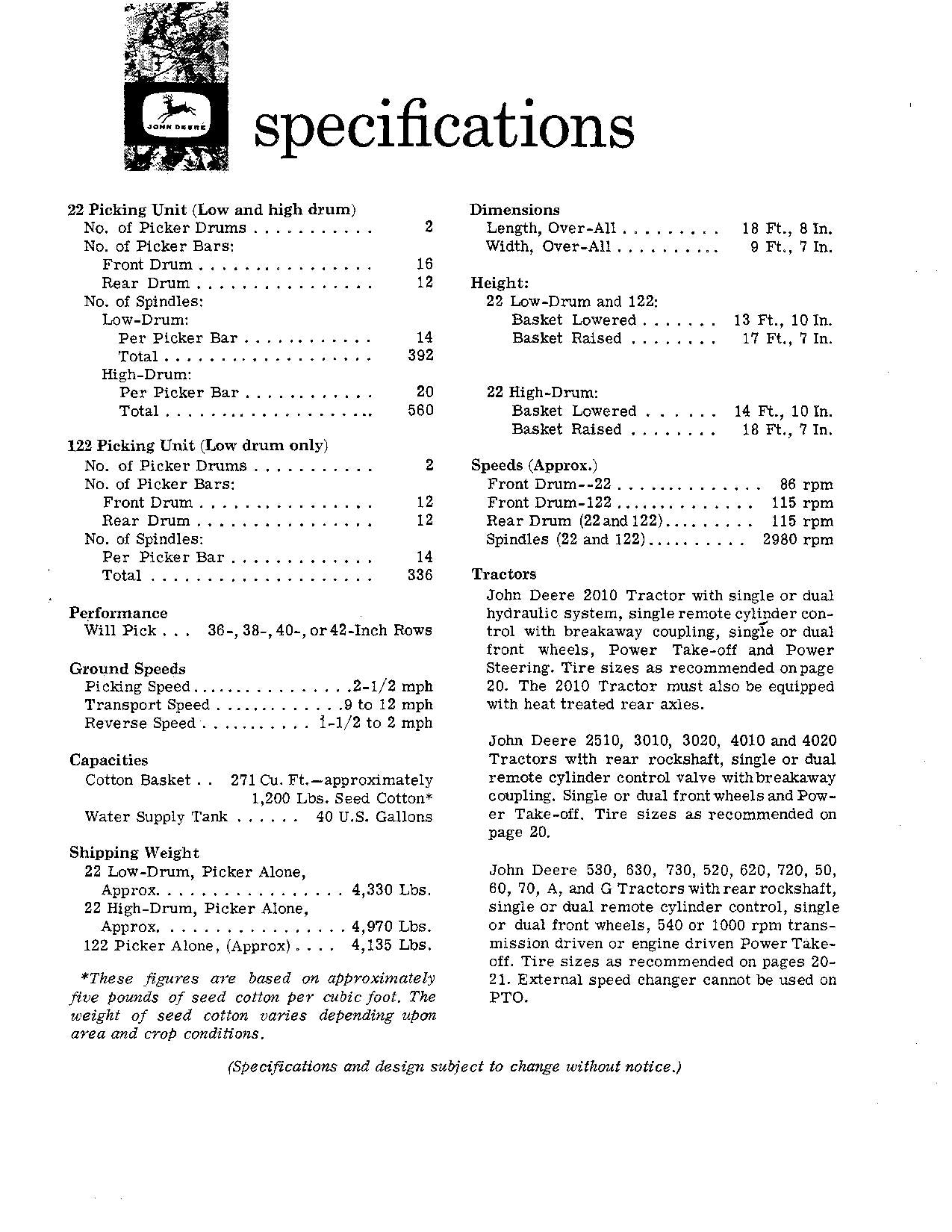 JOHN DEERE 122 22 COTTON PICKER OPERATORS MANUAL #1