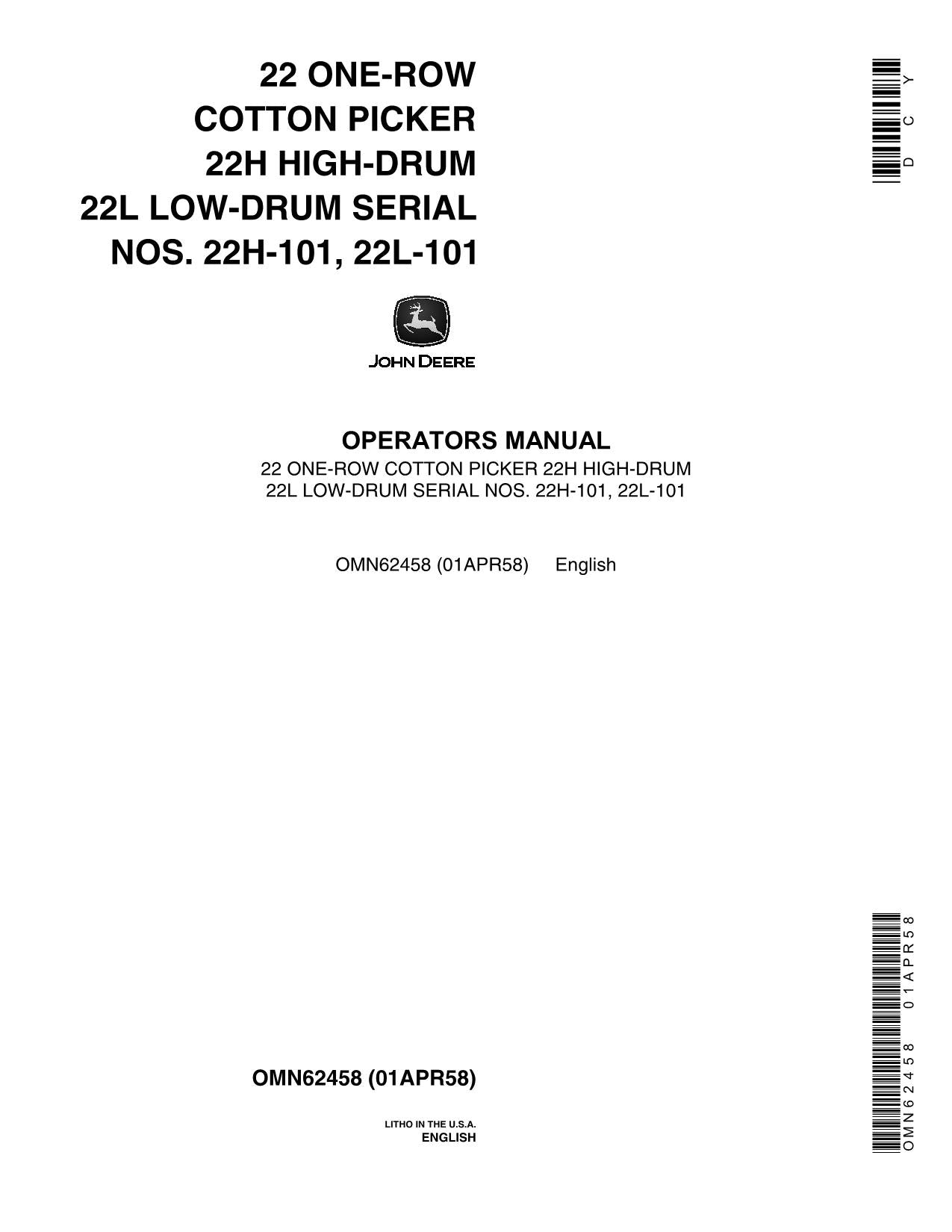 JOHN DEERE 22 COTTON PICKER OPERATORS MANUAL #1