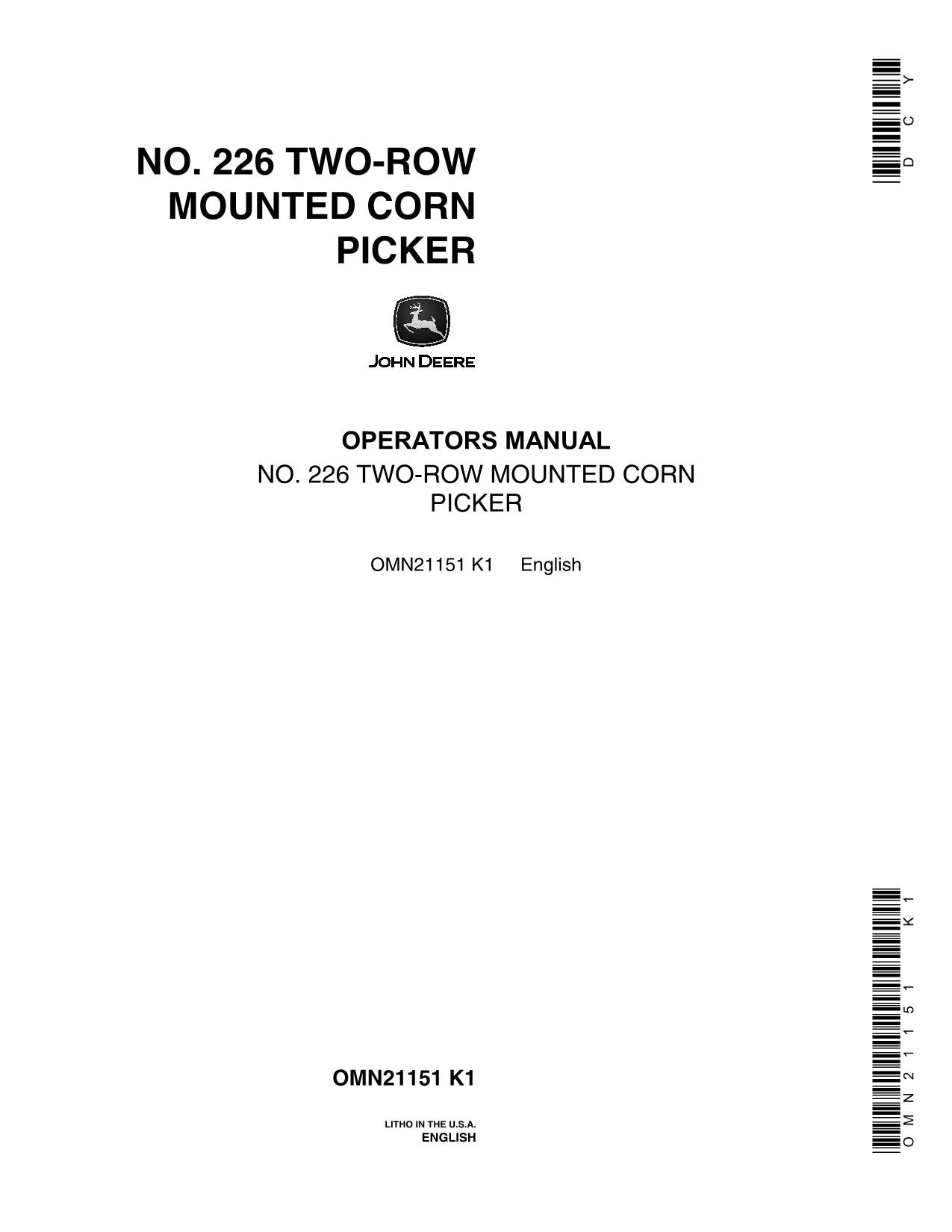 JOHN DEERE 226 COTTON PICKER OPERATORS MANUAL #1