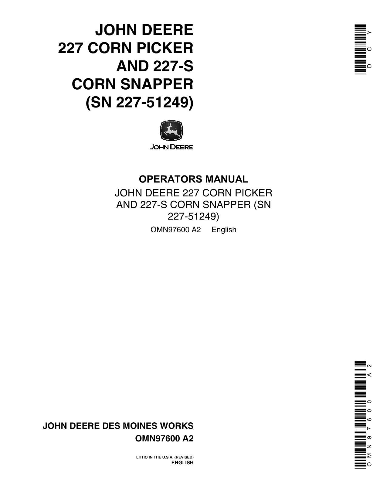 JOHN DEERE 227 COTTON PICKER OPERATORS MANUAL #1