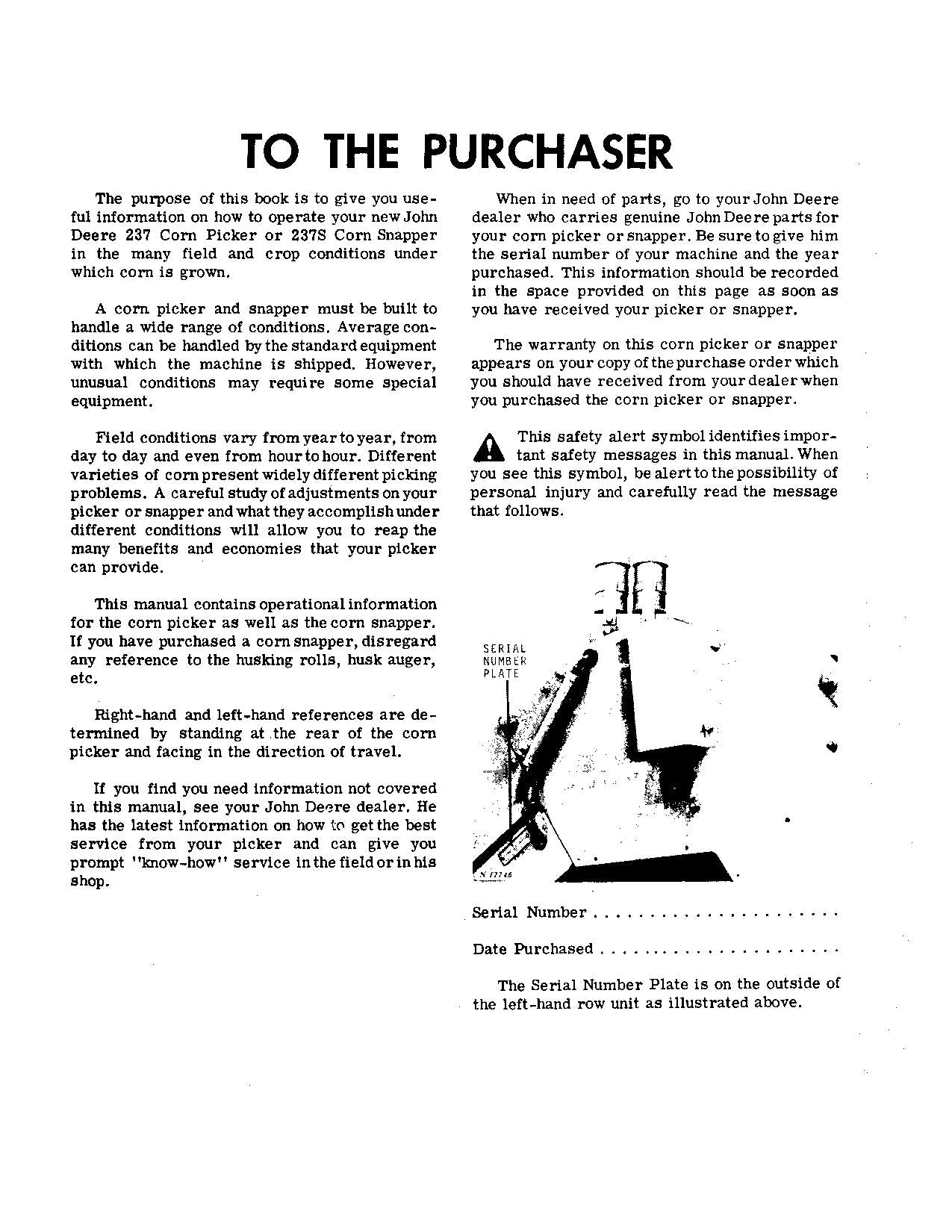 JOHN DEERE 237 COTTON PICKER OPERATORS MANUAL #1