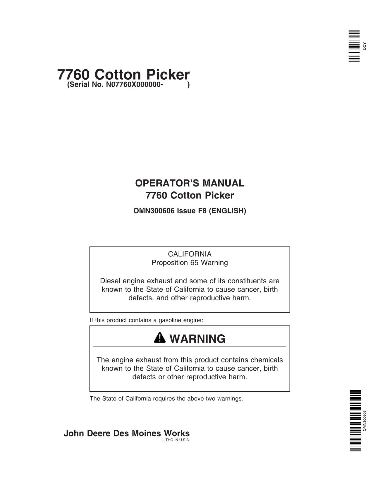 JOHN DEERE 7760 COTTON PICKER OPERATORS MANUAL #1