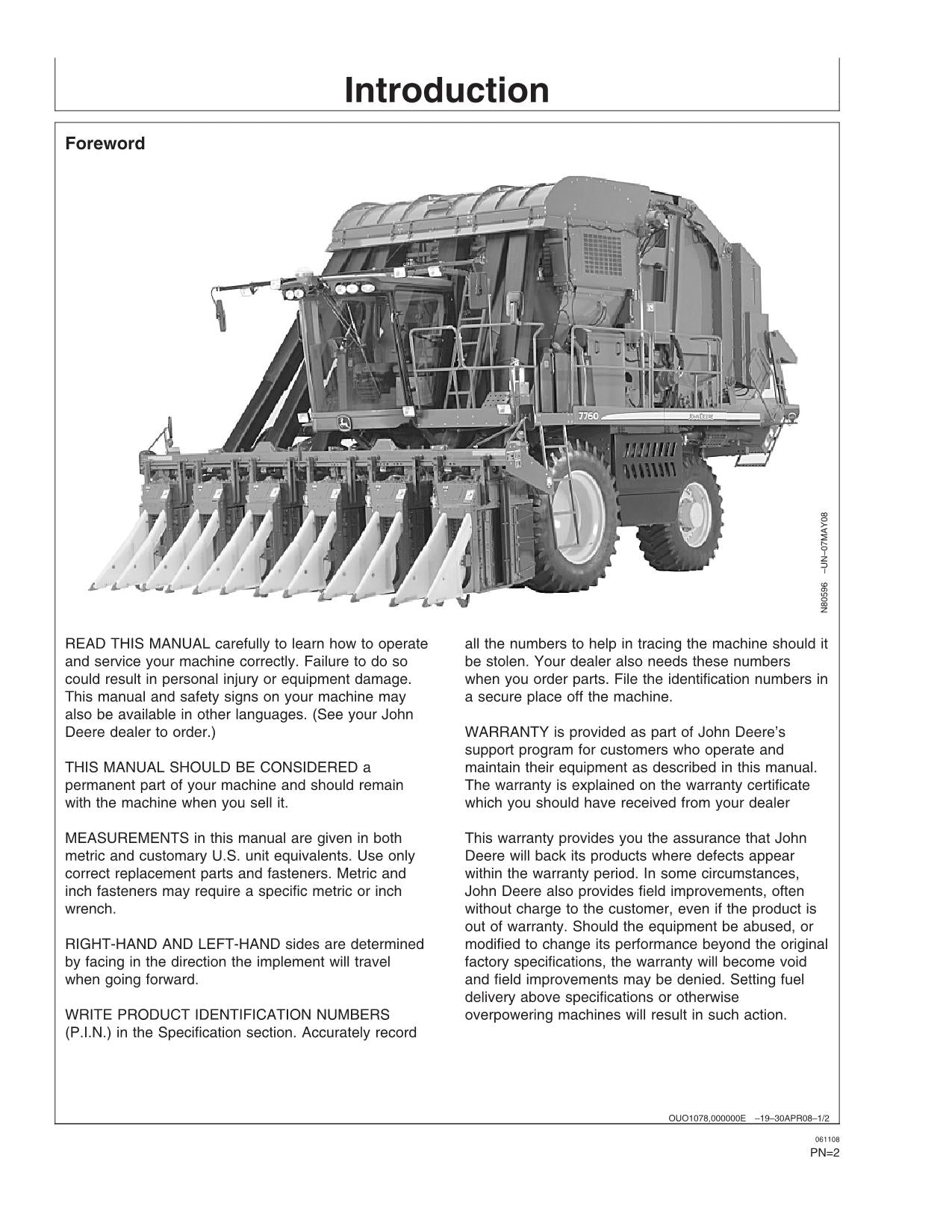 JOHN DEERE 7760 COTTON PICKER OPERATORS MANUAL #1