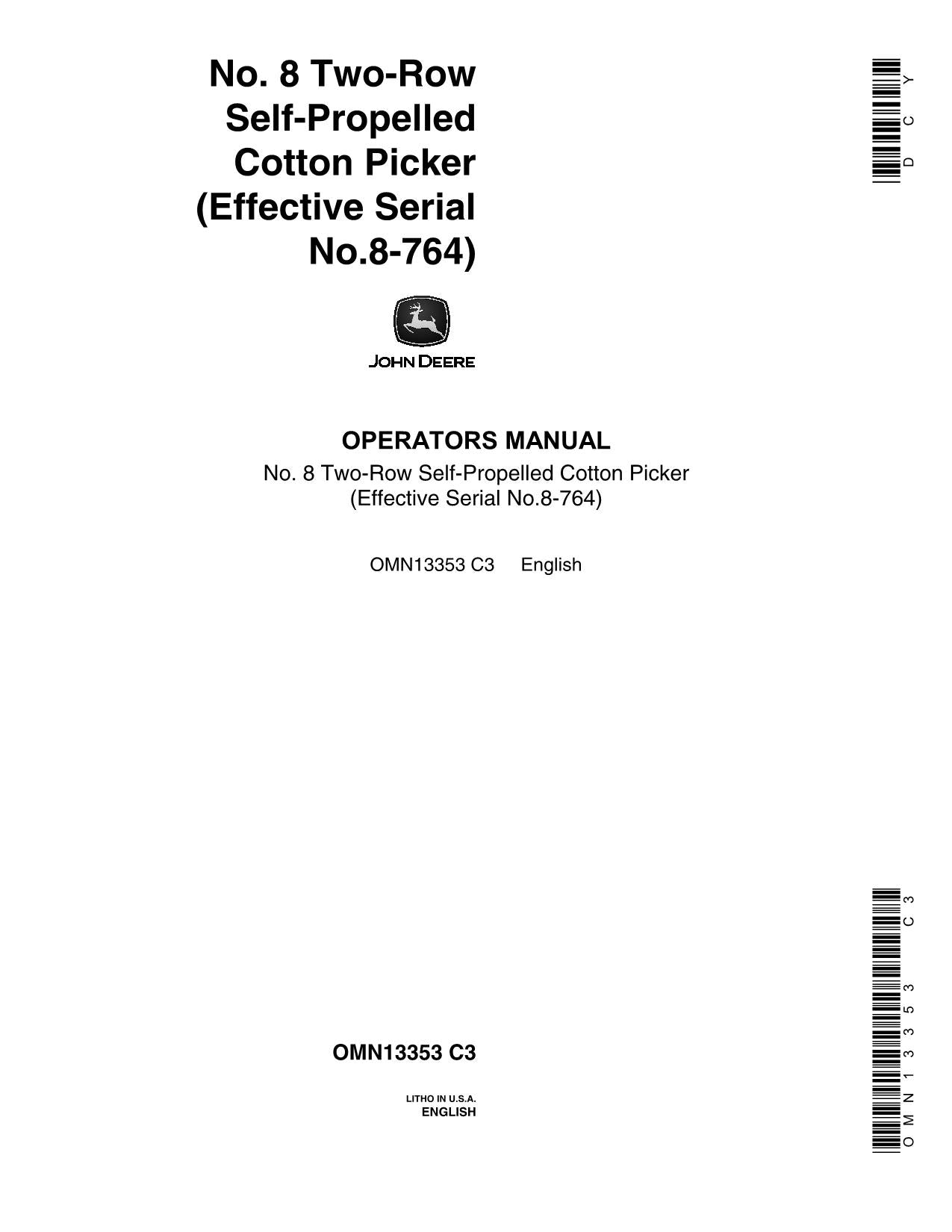 JOHN DEERE 8 COTTON PICKER OPERATORS MANUAL #1