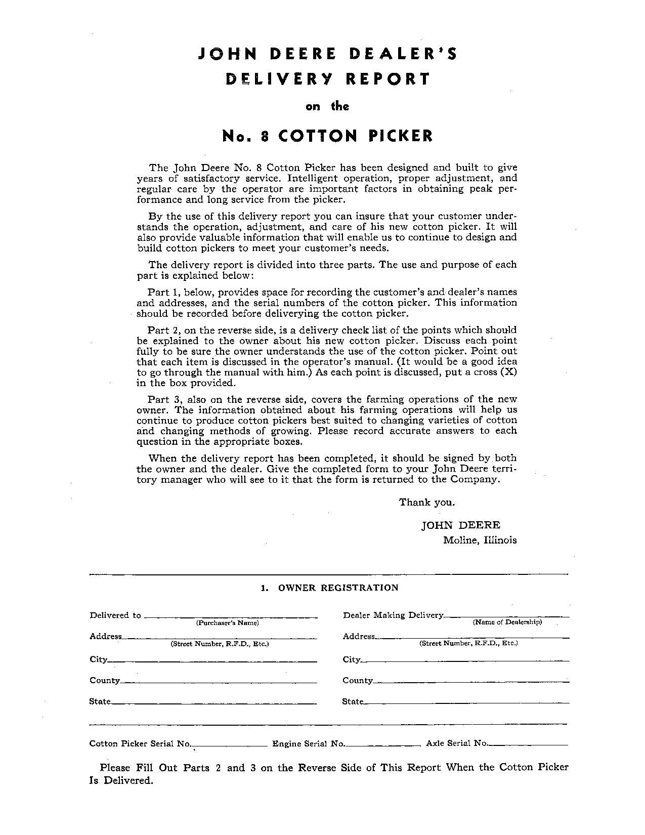 JOHN DEERE 8 COTTON PICKER OPERATORS MANUAL #1