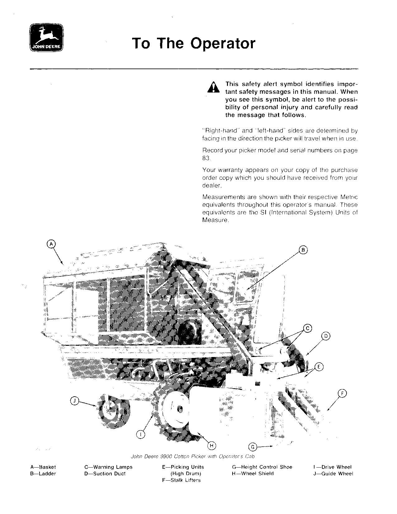 JOHN DEERE 9900 COTTON PICKER OPERATORS MANUAL #1