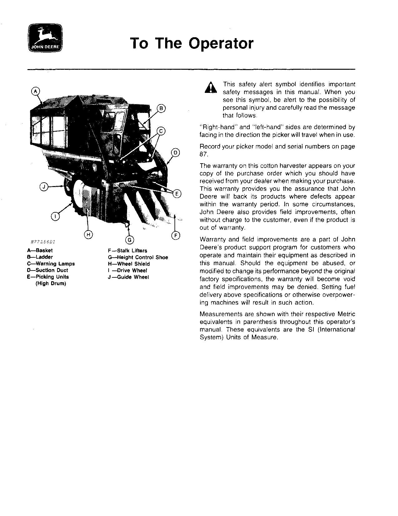 JOHN DEERE 9910 COTTON PICKER OPERATORS MANUAL #1