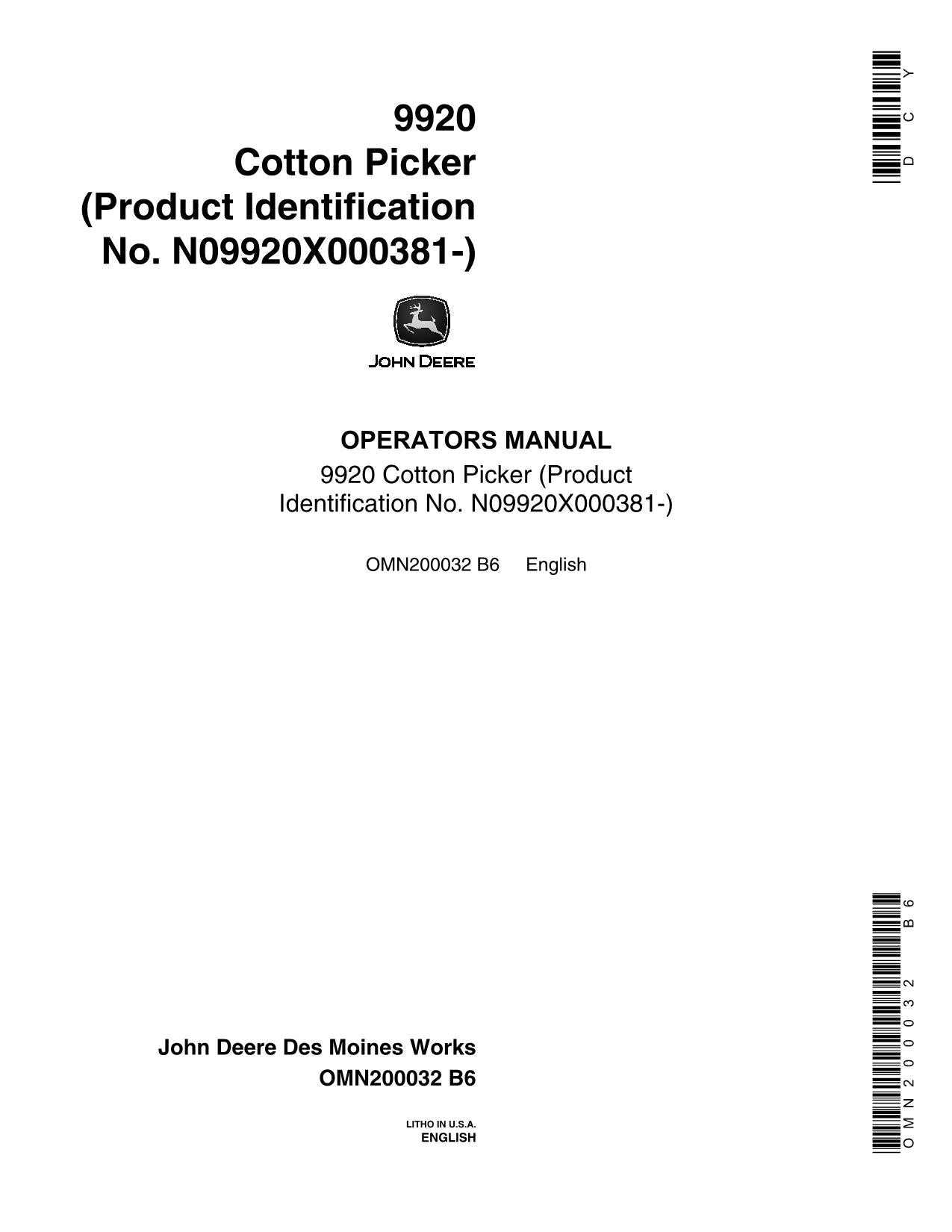 JOHN DEERE 9920 COTTON PICKER OPERATORS MANUAL #2