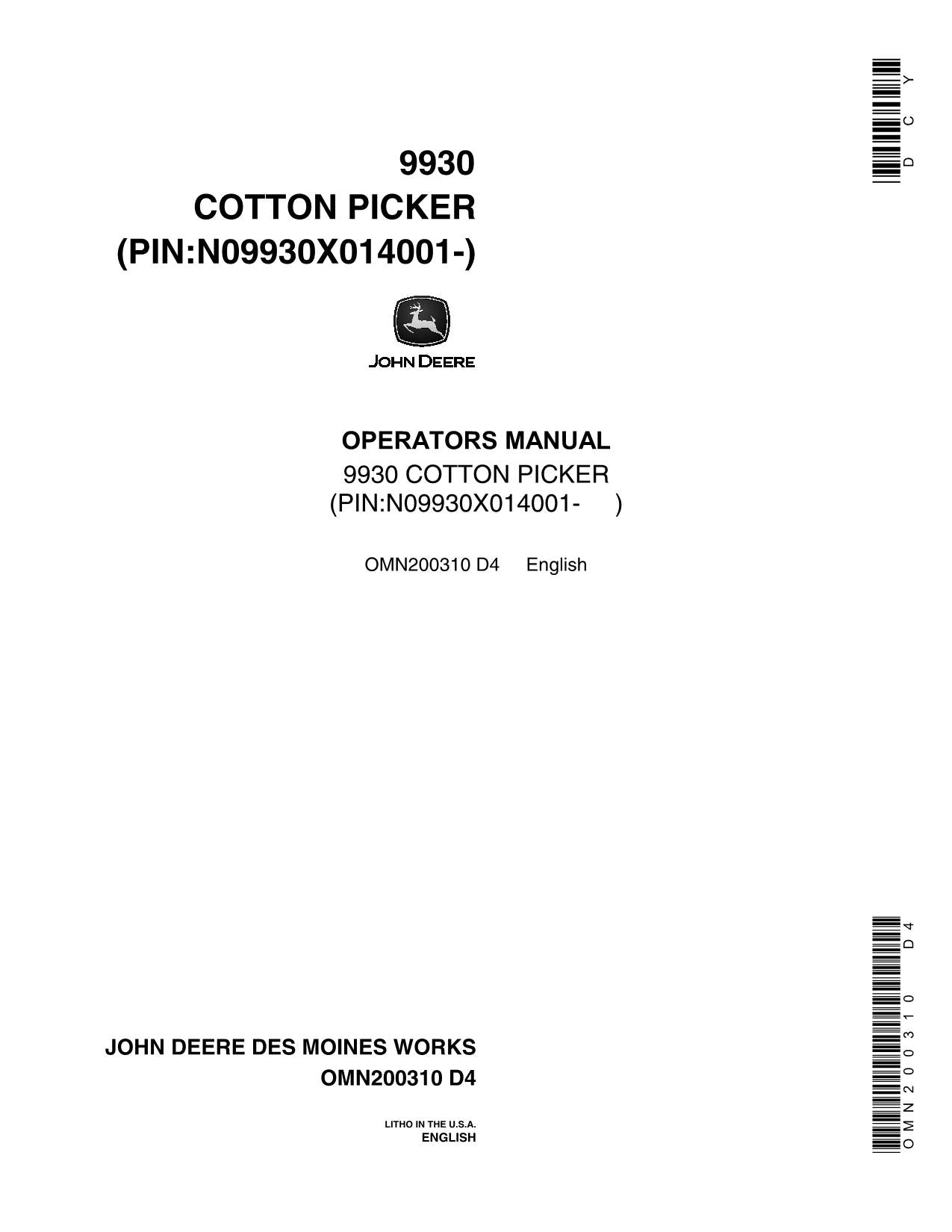 JOHN DEERE 9930 COTTON PICKER OPERATORS MANUAL #2