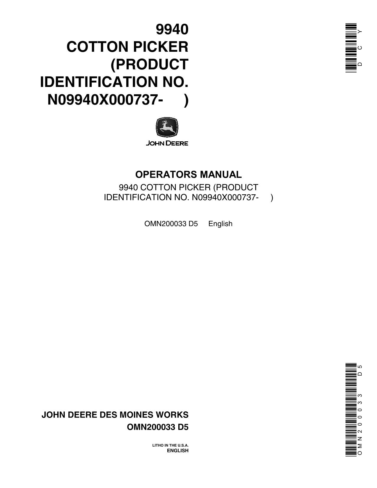 JOHN DEERE 9940 COTTON PICKER OPERATORS MANUAL #2