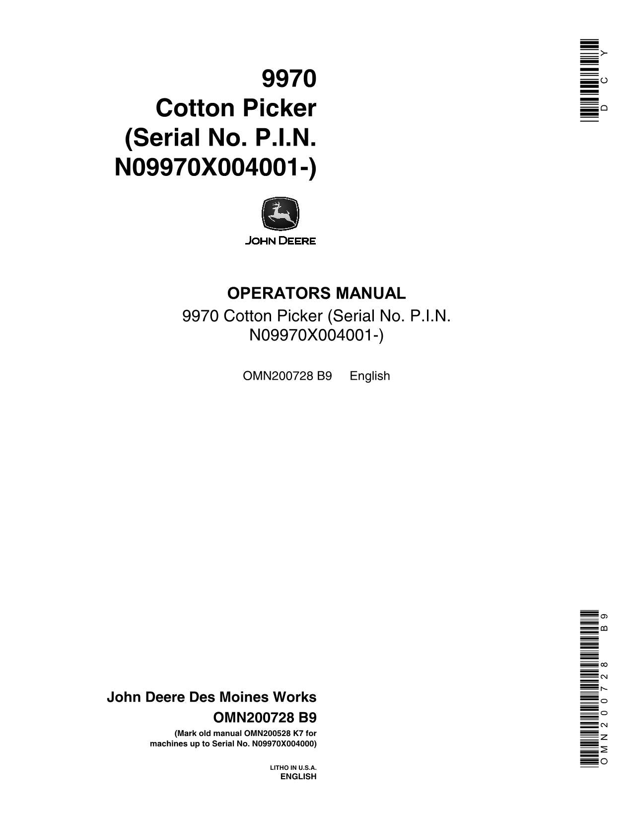 JOHN DEERE 9970 COTTON PICKER OPERATORS MANUAL #4