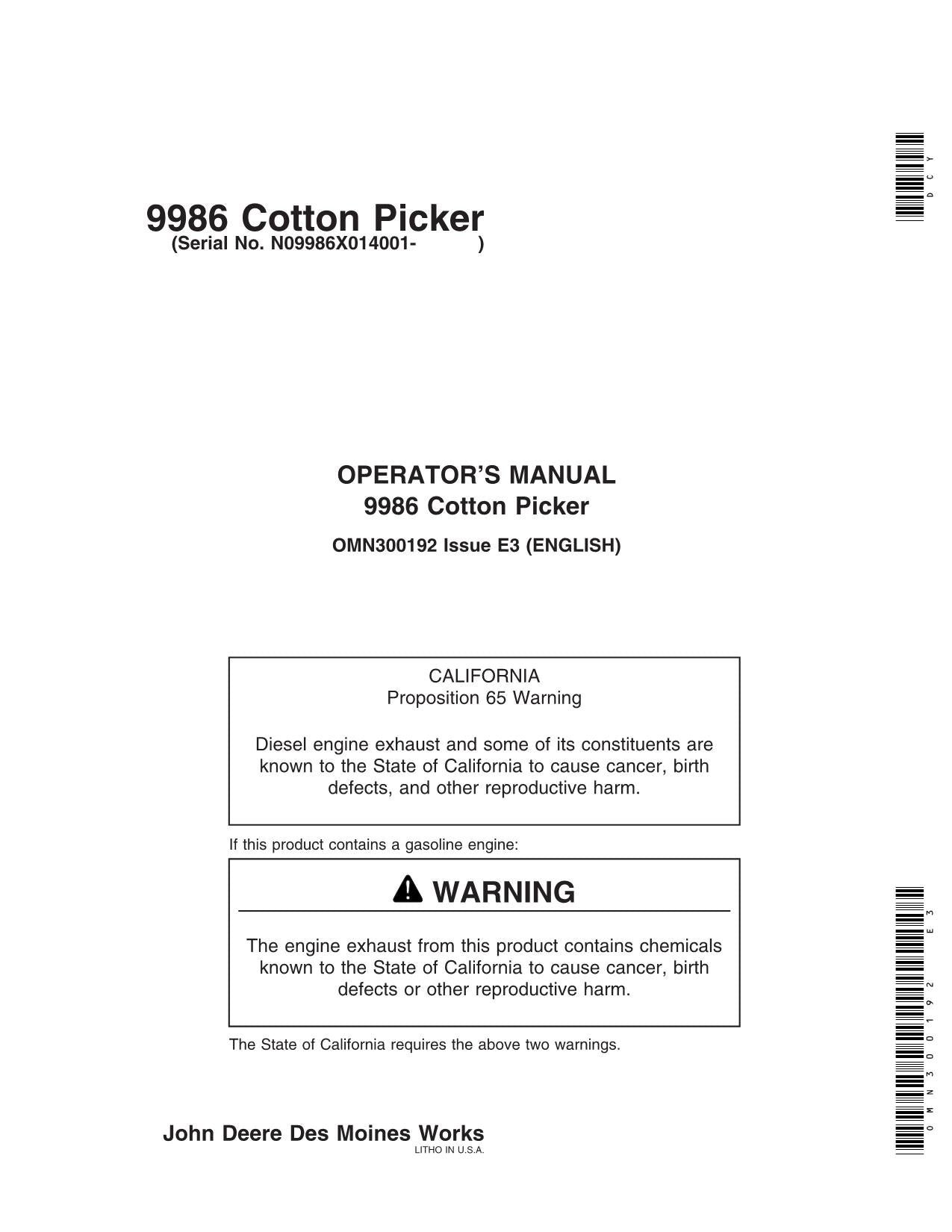 JOHN DEERE 9986 COTTON PICKER OPERATORS MANUAL #2