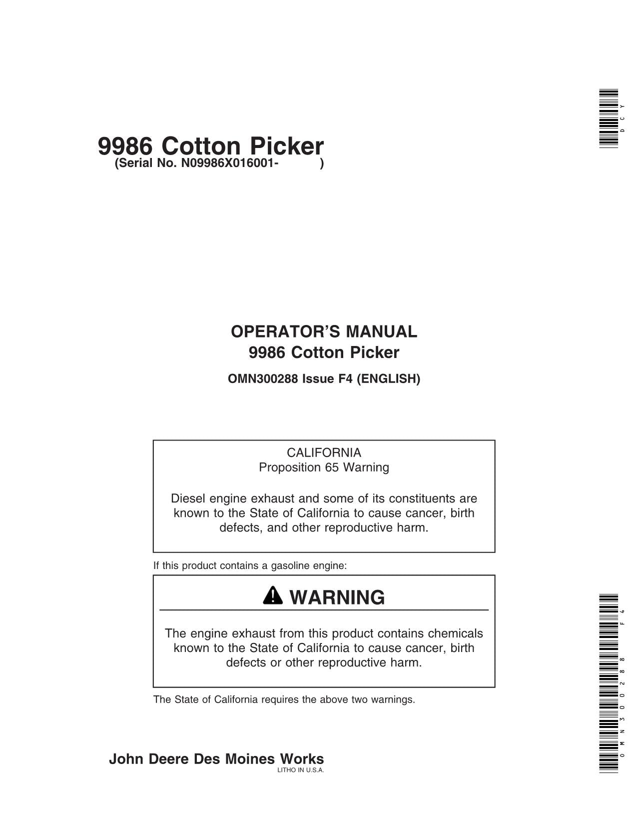 JOHN DEERE 9986 COTTON PICKER OPERATORS MANUAL #3