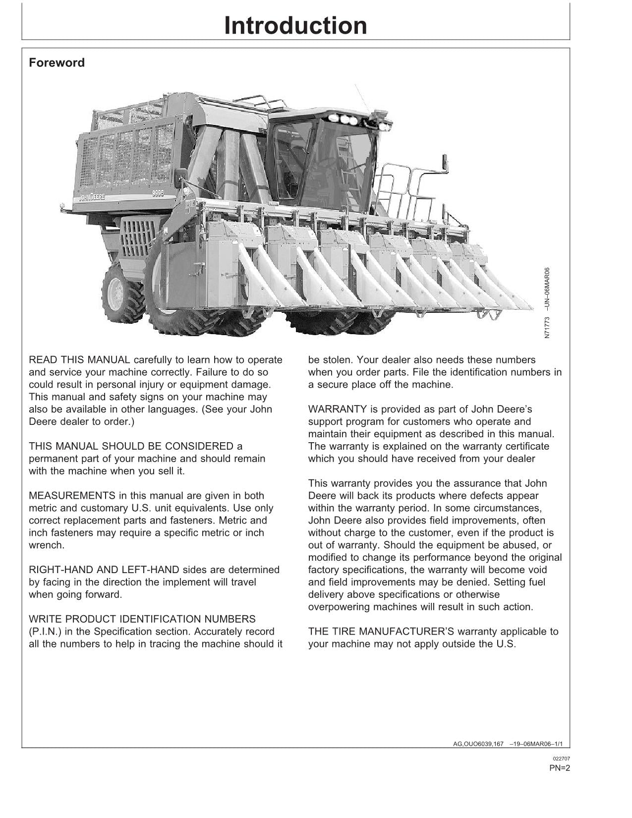 JOHN DEERE 9996 COTTON PICKER OPERATORS MANUAL #2