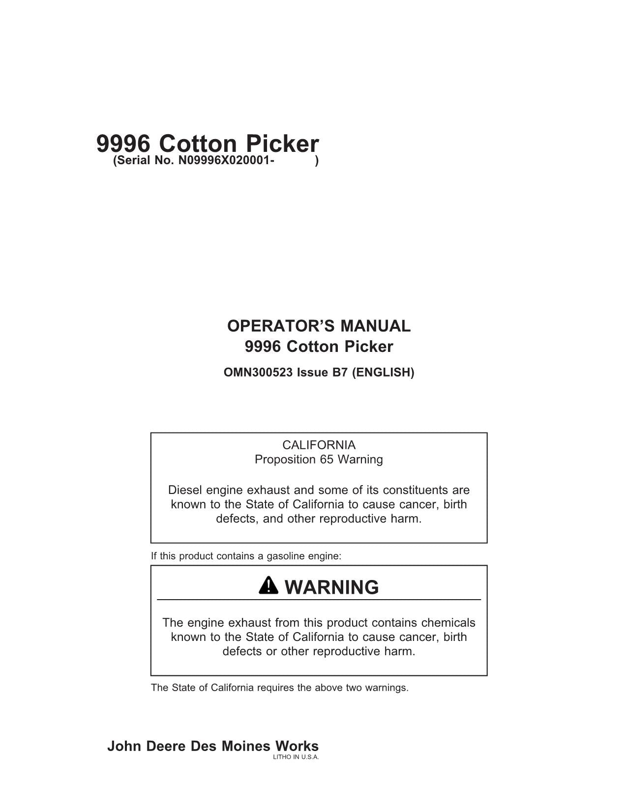 JOHN DEERE 9996 COTTON PICKER OPERATORS MANUAL #2